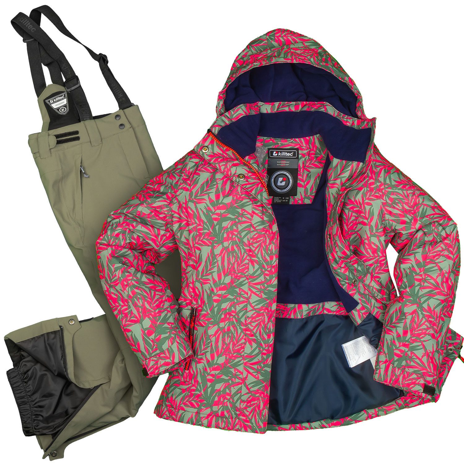 Killtec Skianzug Mädchen Skijacke hellgrün pink gemustert + Skihose hellgrün, verschweißte Nähte