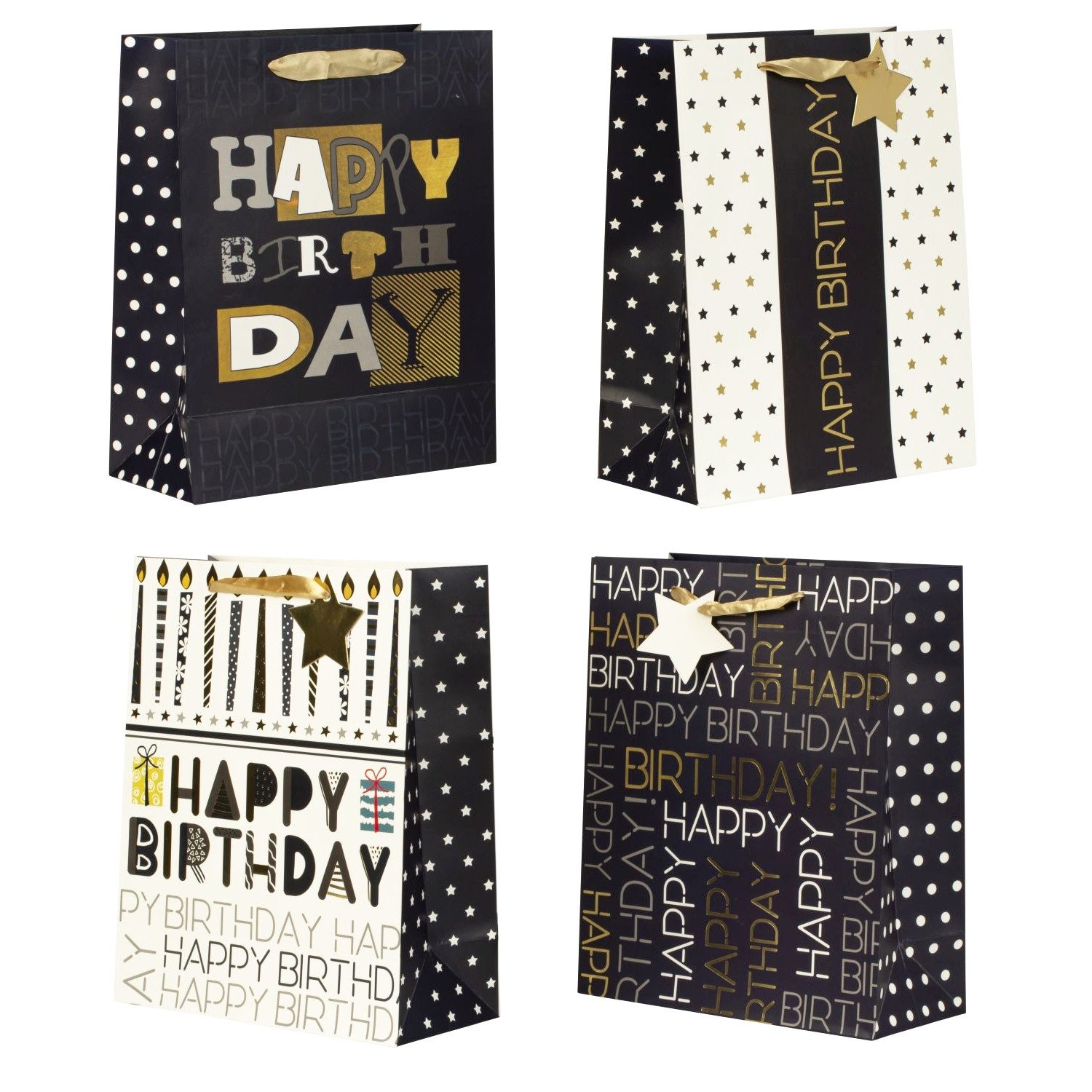 KARMA Geschenkpapier Geschenktüten 4er Set Papier Happy Birthday modern Geschenktaschen, 26 x 32 x 12 cm Geburtstagseschenktasche