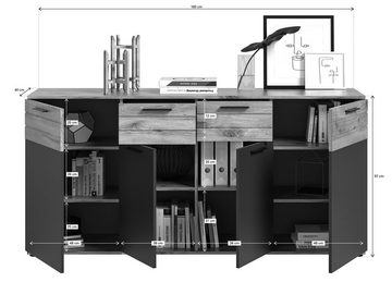 möbelando Sideboard Missoula, Modernes Sideboard, Korpus aus Spanplatte in "Nox Oak", Front aus MDF in Basalt Grau mit abgesetzter Rillenoptik in Nox Oak, mit 4 Türen, 2 Schubkasten und 10 Ablageböden, Breite 180 cm, Höhe 87 cm, Tiefe 40 cm.