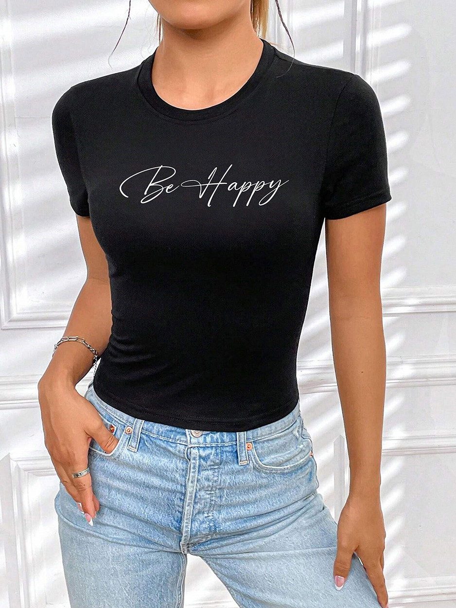 T-Shirt Damen Shirt Top Sommer Basic Be Happy Glücklich