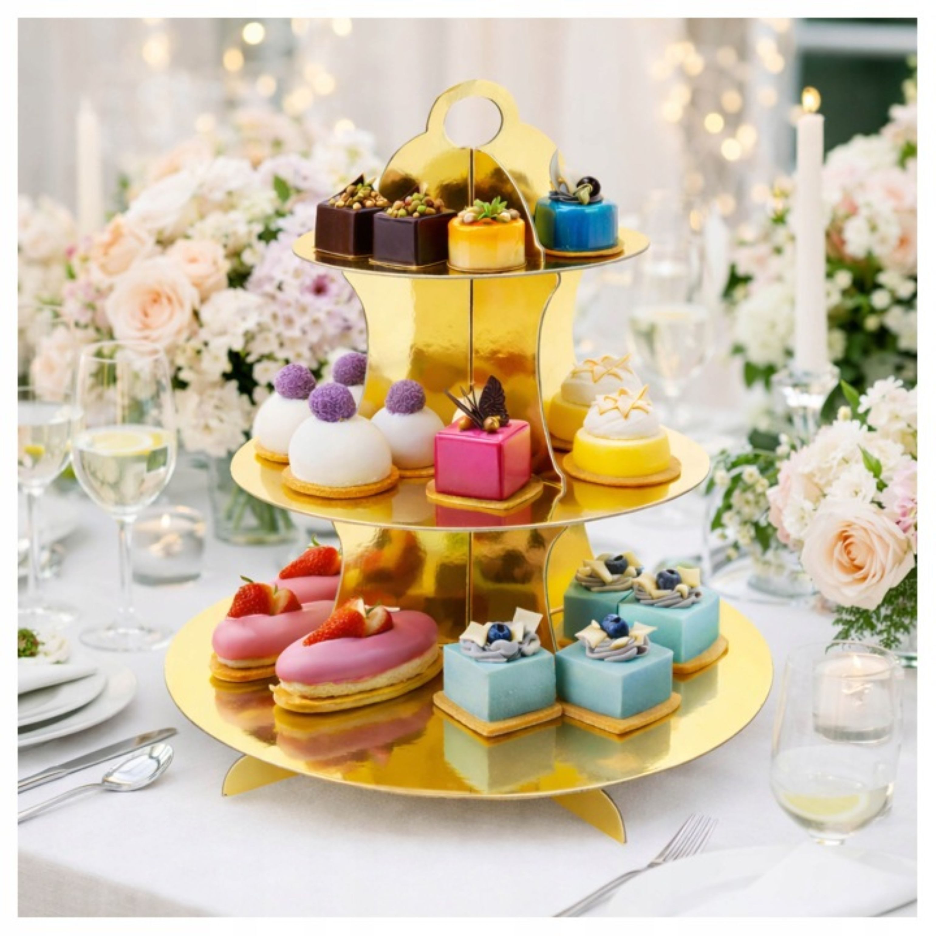 Festivalartikel Kuchenteller Etagere 3-stufig Gold Muffins Cupcake Ständer Kommunion, (1 St)