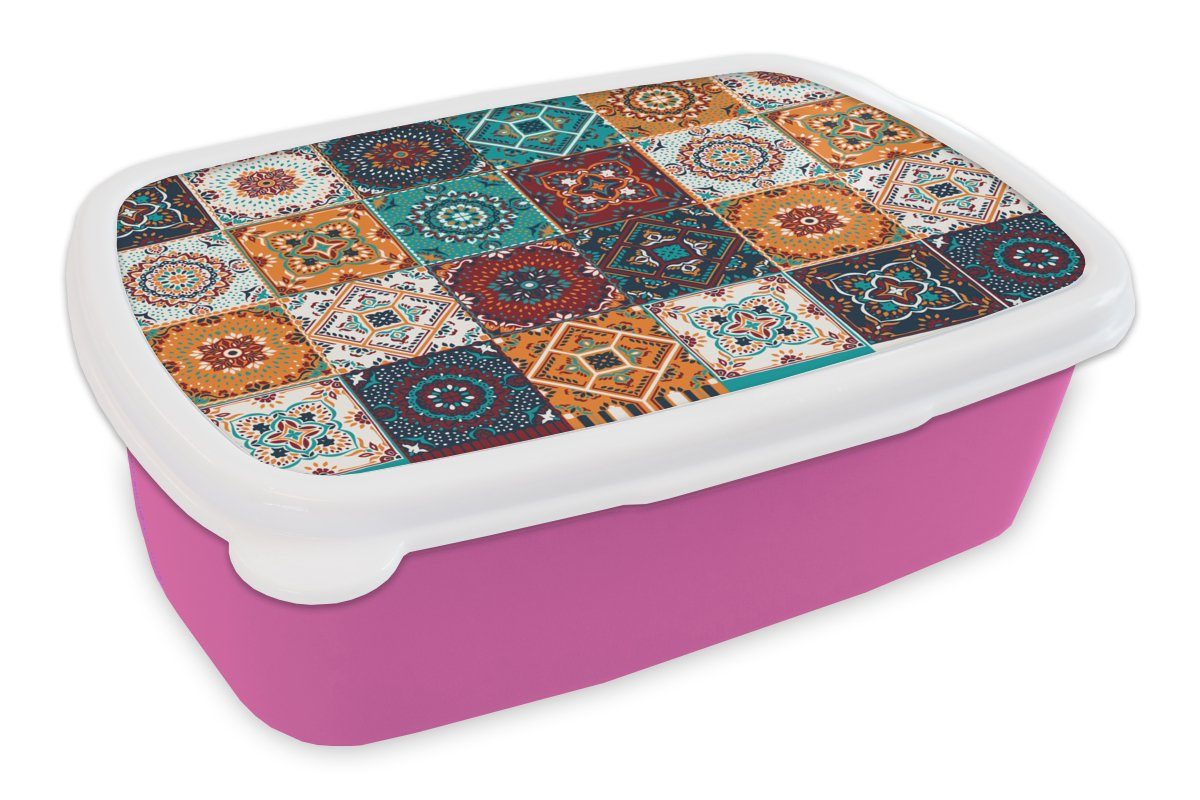 MuchoWow Lunchbox Retro - Blatt - Design - Orange - Braun, Kunststoff, (2-tlg), Brotbox für Erwachsene, Brotdose Kinder, Snackbox, Mädchen, Kunststoff rosa | Lunchboxen