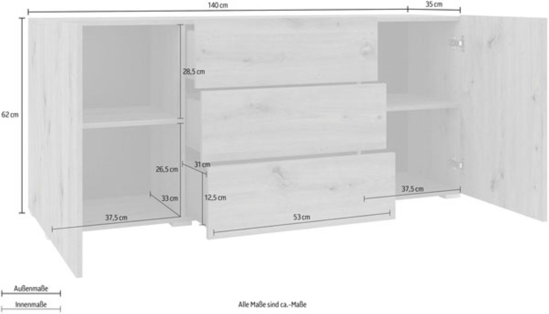 Helvetia Sideboard Ava, 140x35x62cm Artisan Eiche