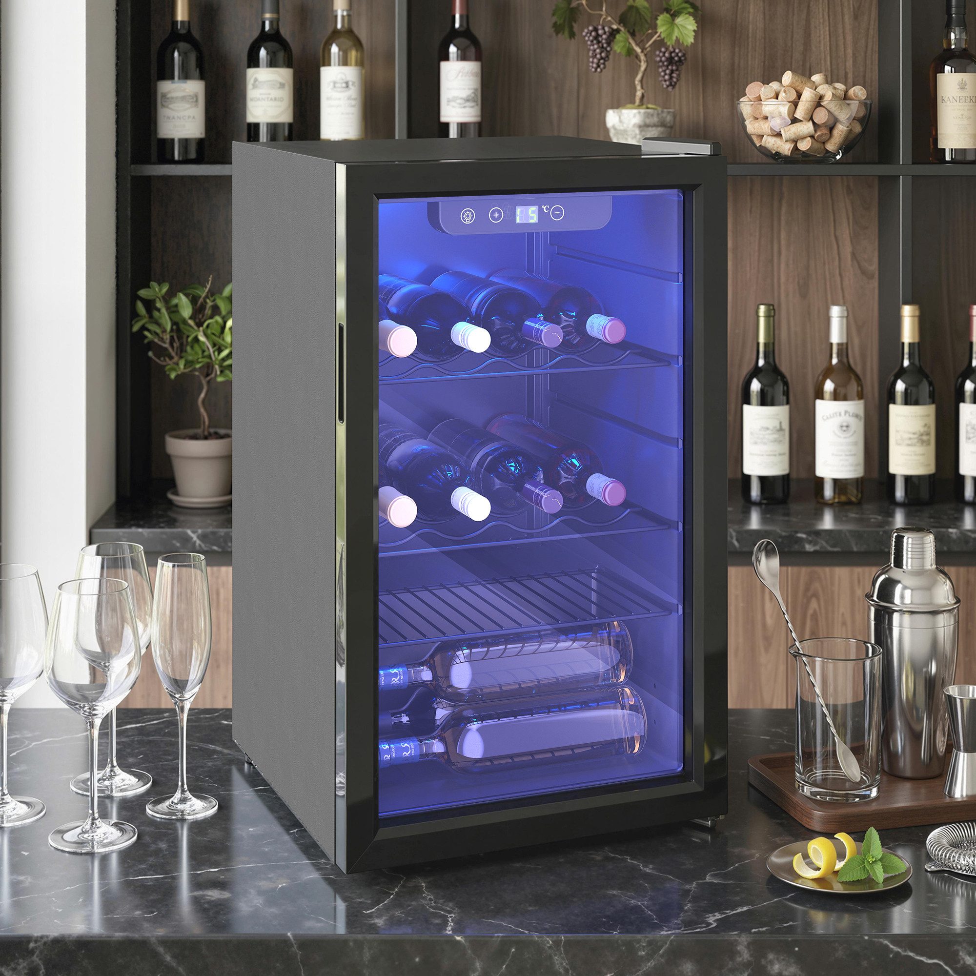 HOMCOM Weinkühlschrank, für 24 Standardflaschen á 0,75l,Stilvolle Doppelglastür, LED, Touch-Bedienung