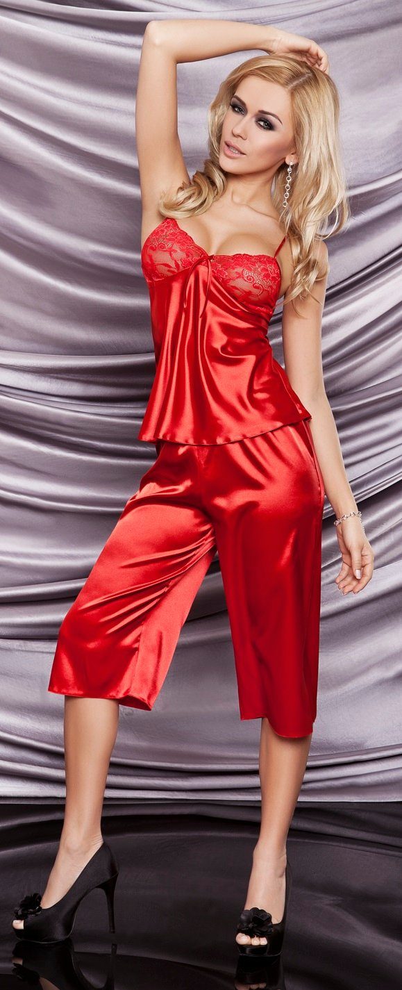 2teiliges elegantem Satin-Look in sinnliches DKaren Nachtwäsche-Set Capri-Pyjama rot