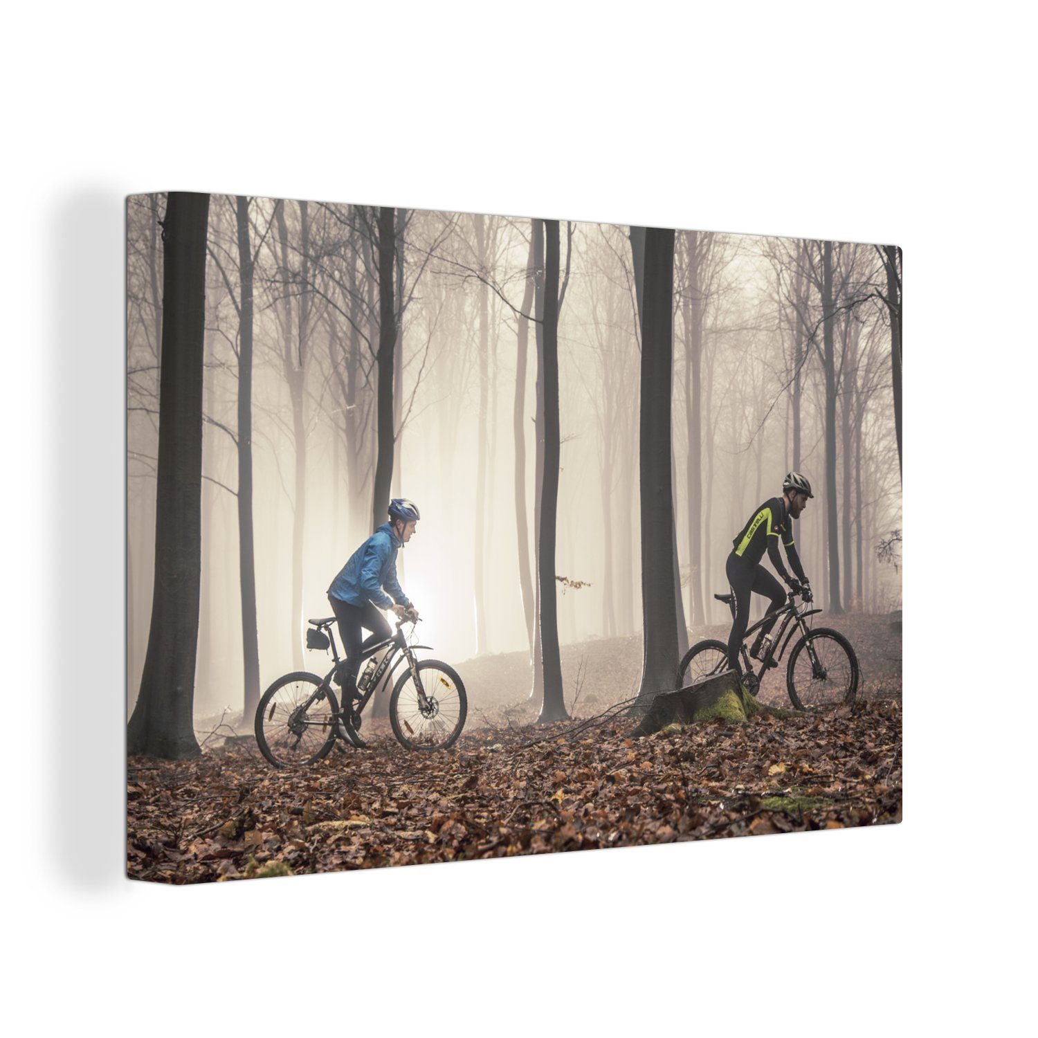 OneMillionCanvasses® Leinwandbild Mit dem Mountainbike über einen Waldweg, (1 St), Wandbild Leinwandbilder, Aufhängefertig, Wanddeko, 30x20 cm