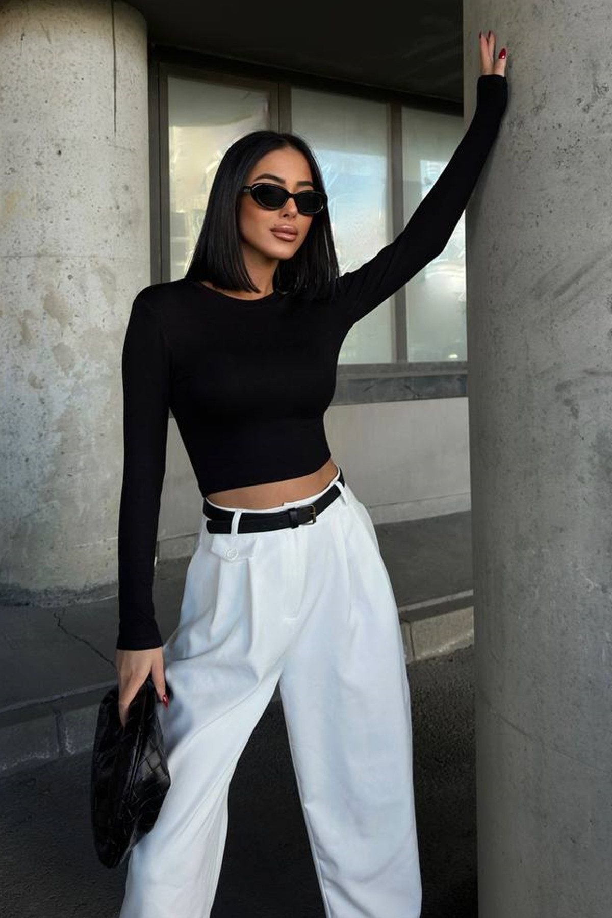WOMAN VISION Blusentop Crop-Cut-Bluse mit langen Ärmeln und Rundhalsausschn günstig online kaufen