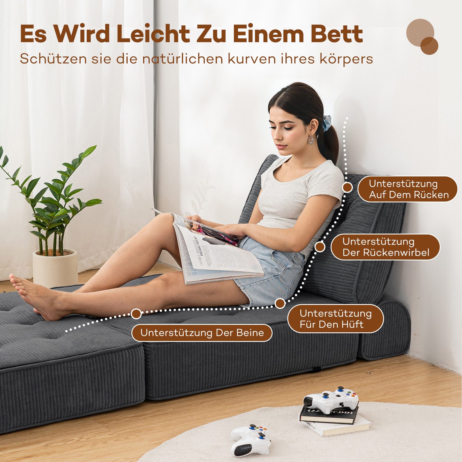 MECO Schlafsofa 3-in-1 Klappsofa Schlafsessel Cordstoff mit Kopfkissen+Lendenkissen, Komfortable Schlafcouch Bodensofa 80cm für Schlafzimmer Wohnzimmer – Bild 3 von 5