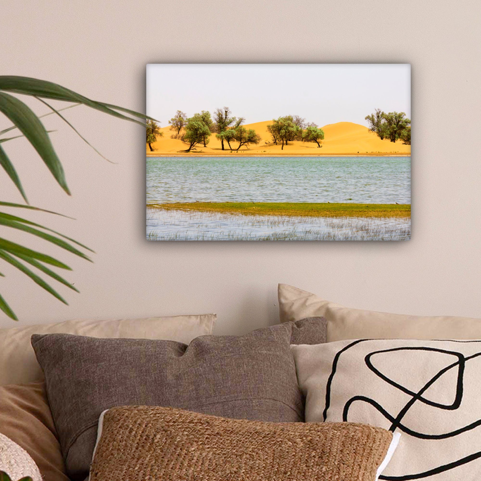 Leinwandbild Oase Wanddeko, (1 Wandbild Leinwandbilder, OneMillionCanvasses® der in Tengger-Wüste, St), Aufhängefertig, 30x20 cm