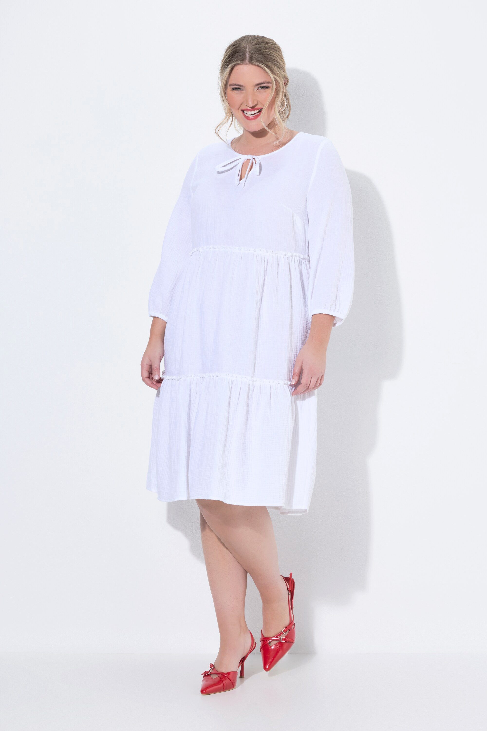 MIAMODA Jerseykleid Musselinkleid A-Linie Querrüschen 3/4-Ballonärmel