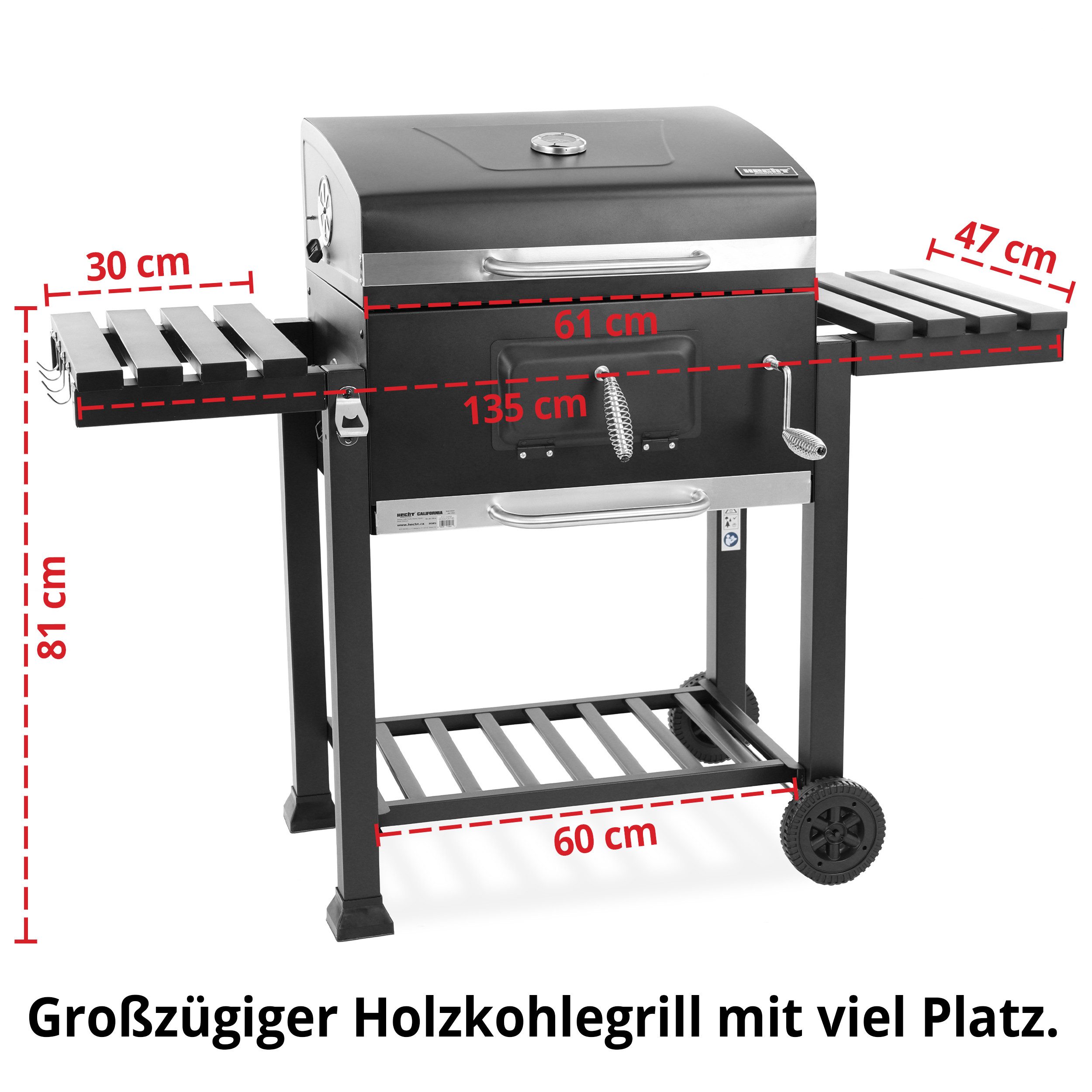 Hecht Holzkohlegrill XXL mit Deckel Thermometer Transporträder, integrierter Flaschenöffner, Ascheschublade