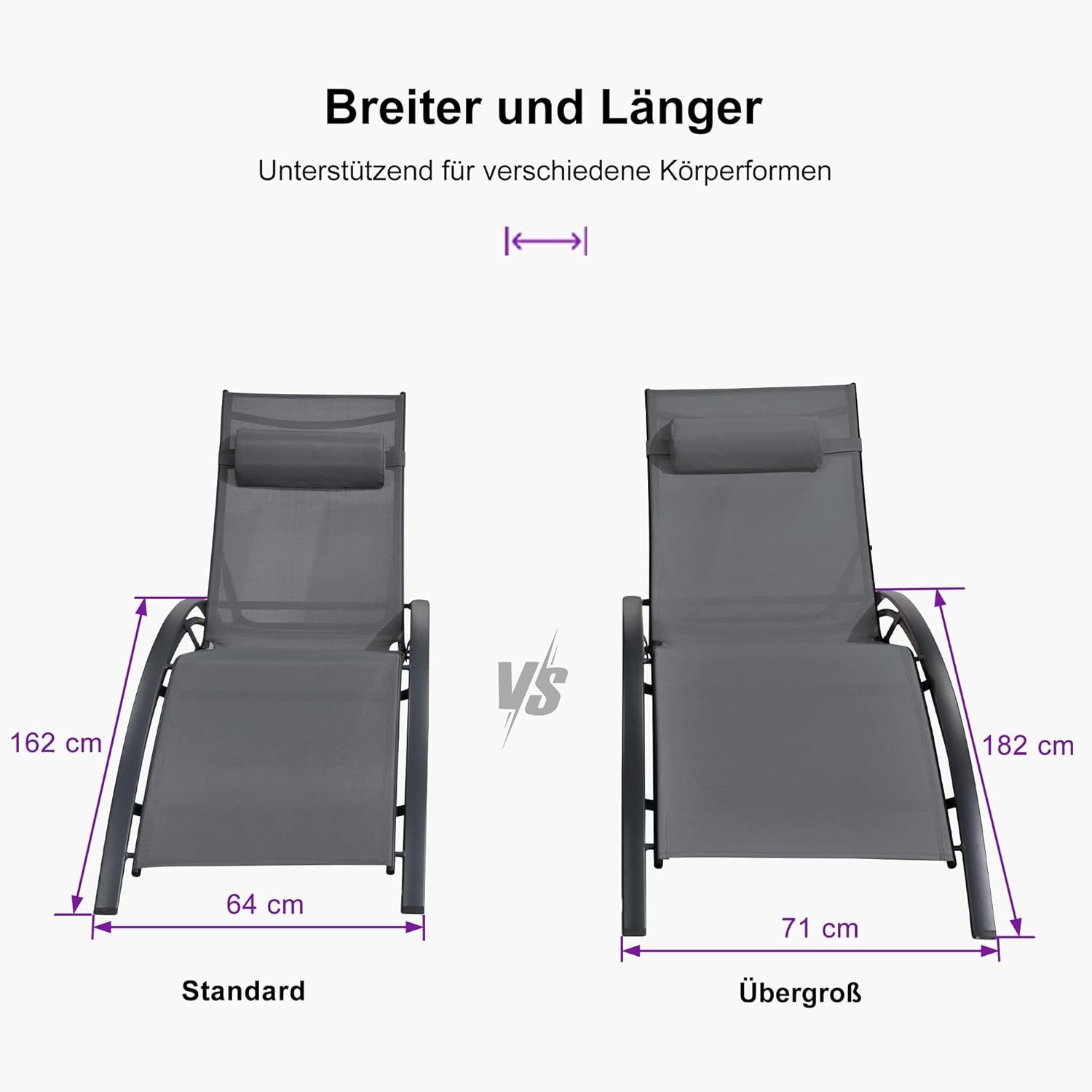 PURPLE LEAF Gartenliege 2er Set Sonnenliegen mit Beistelltisch und Auflagen, Aluminium, Wetterfest,4-Fach Verstellbar,Stapelbar