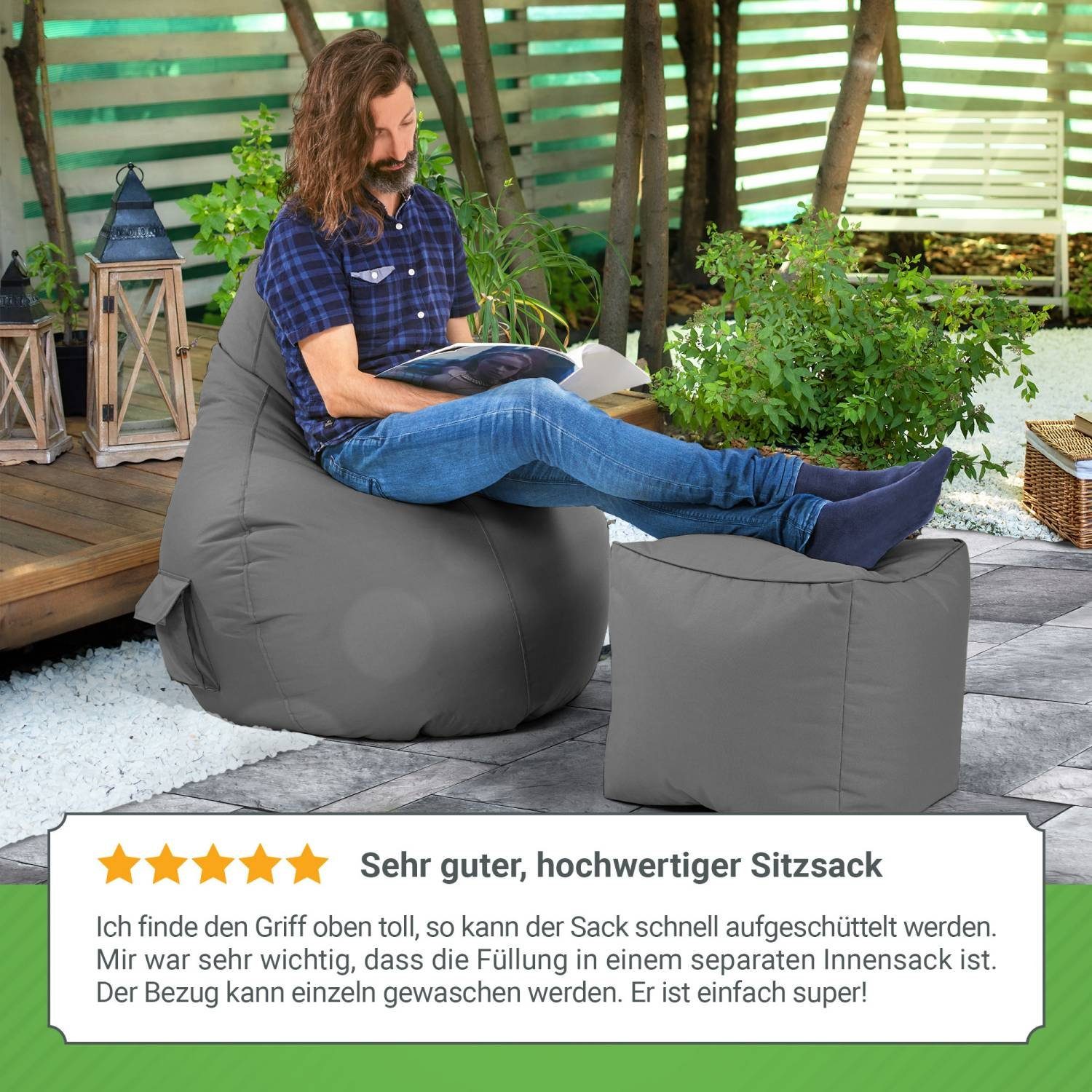 Rückenlehne Chair Bag Lounge mit Bodenkissen Weich Green Relax-Sessel 80x70x90cm Bean Gamingstuhl Grau Sitzhocker Cozy - Füllung, mit Gaming Bean (Sitzsack Waschbar), Sitzsack 230L Kuschelig Gamer