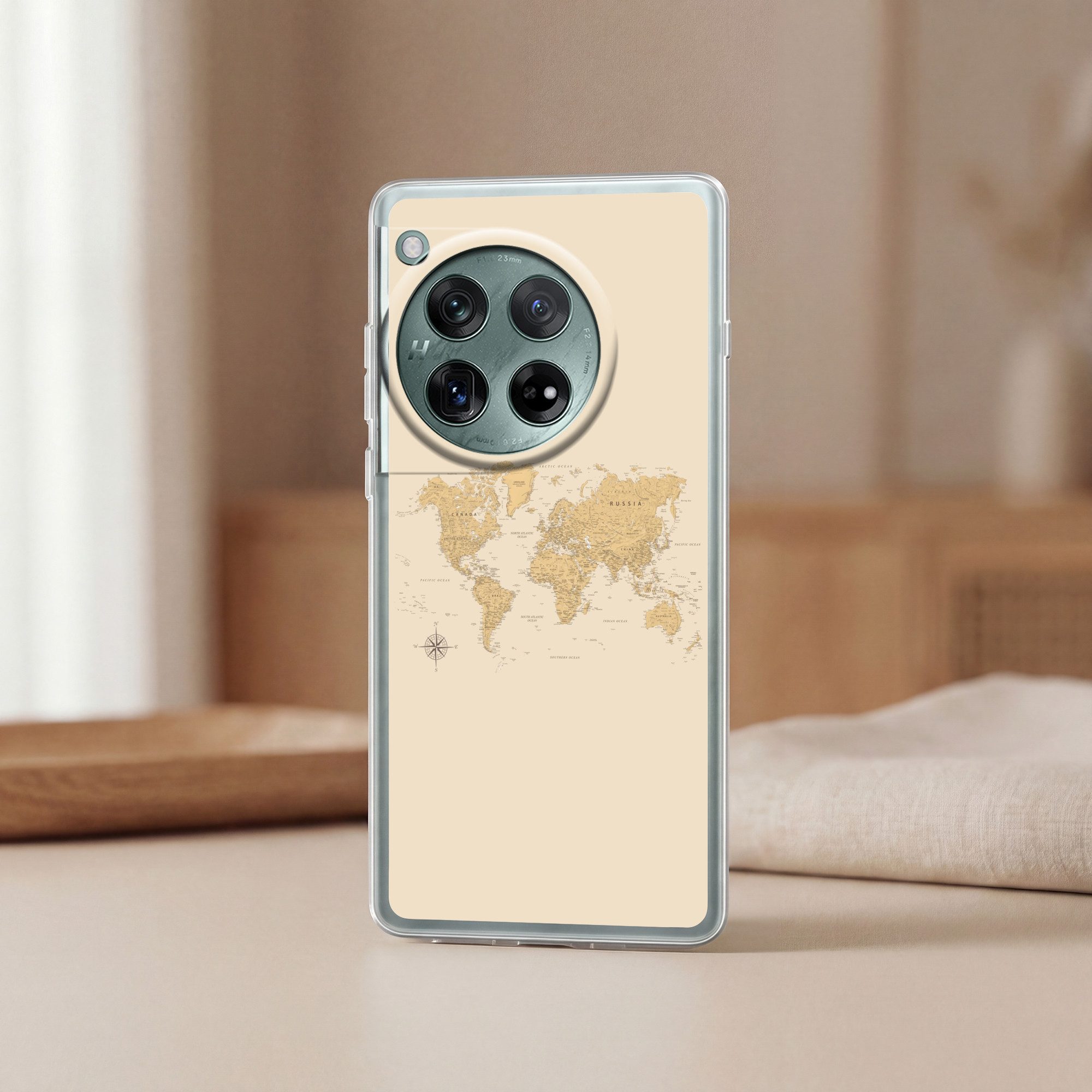 MuchoWow Handyhülle für OnePlus 12 Weltkarte - Realistisch - Beige, Handy Case, Silikon, Bumper Case Dünn