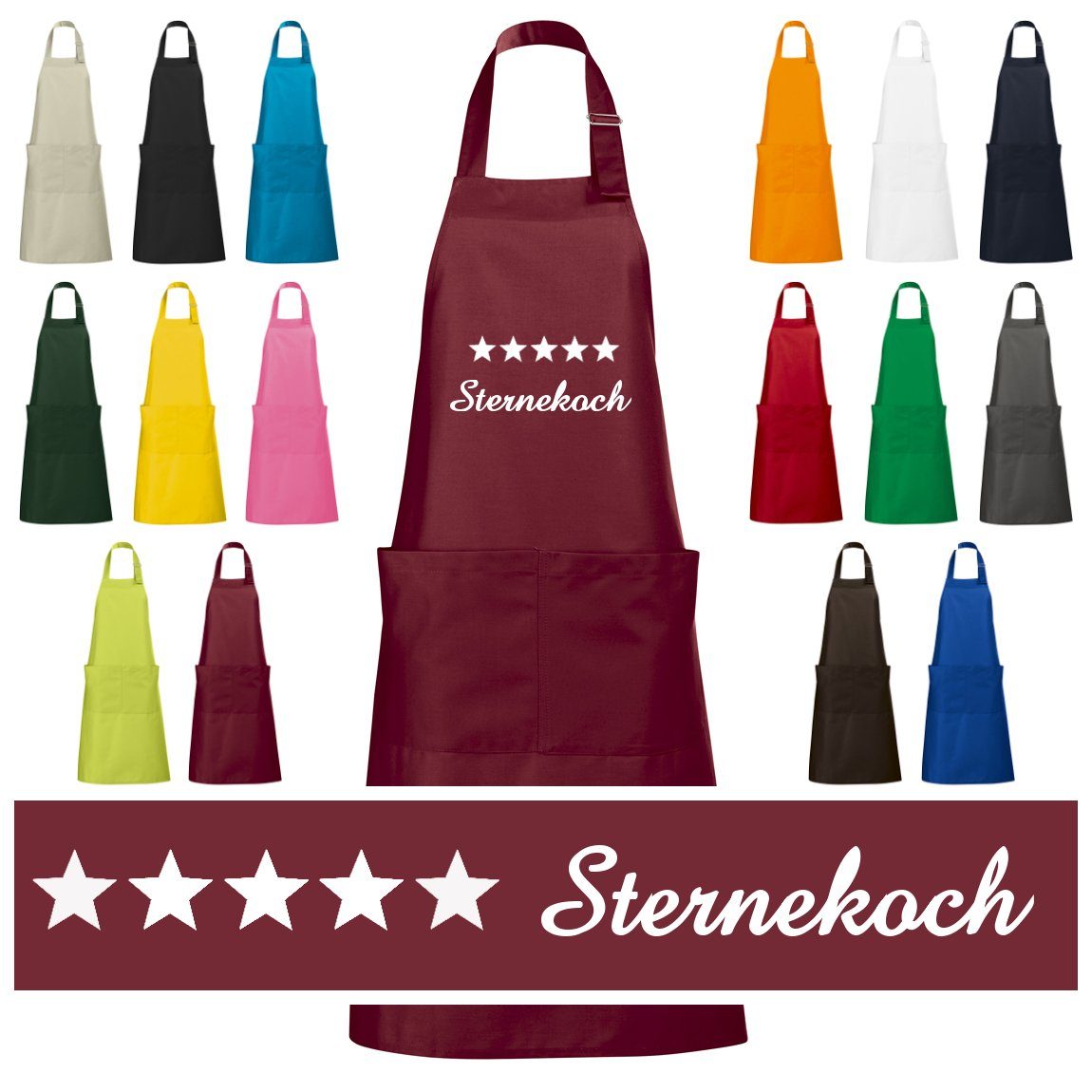 Schnoschi Kochschürze Hochwertige Küchenschürze mit fünf Sternekoch bestickt, Stickerei mit fünf Sternekoch