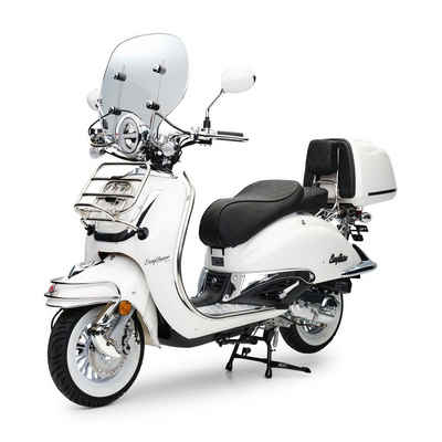 Burnout Motorroller EasyCruiser Chrom Weiß, 50 ccm, 45 km/h, Euro 5, LED Beleuchtung, Digitales Tacho, Retro, mit Windschild & Topcase, USB