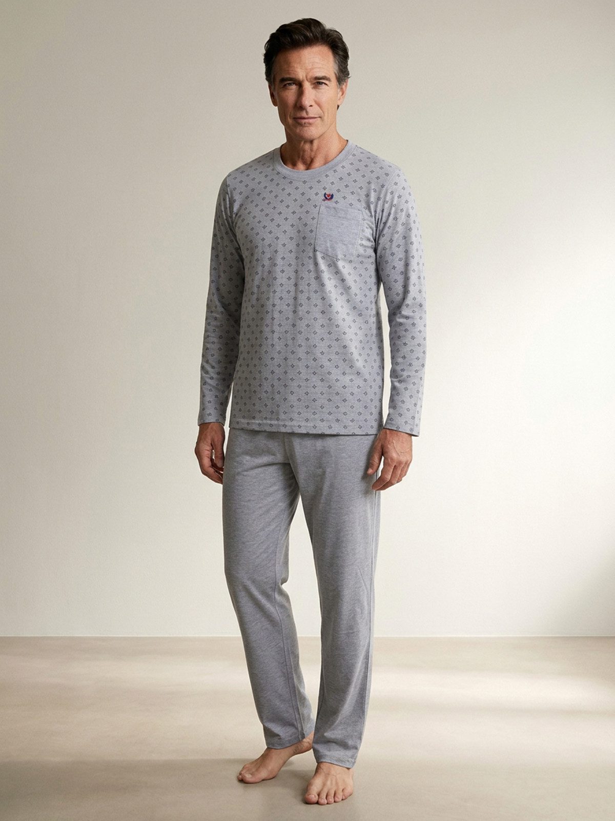 Henry Terre Pyjama Pyjama Set Langarm - Carlo mit Raute & unifarbener Hose