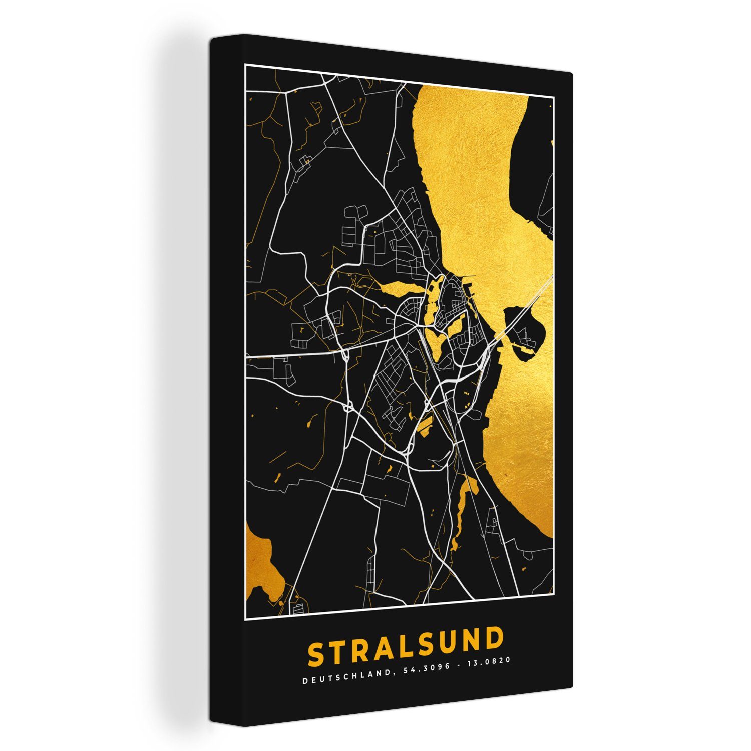 OneMillionCanvasses® Leinwandbild Stralsund - Gold - Karte - Stadtplan - Deutschland, (1 St), Leinwandbild fertig bespannt inkl. Zackenaufhänger, Gemälde, 20x30 cm