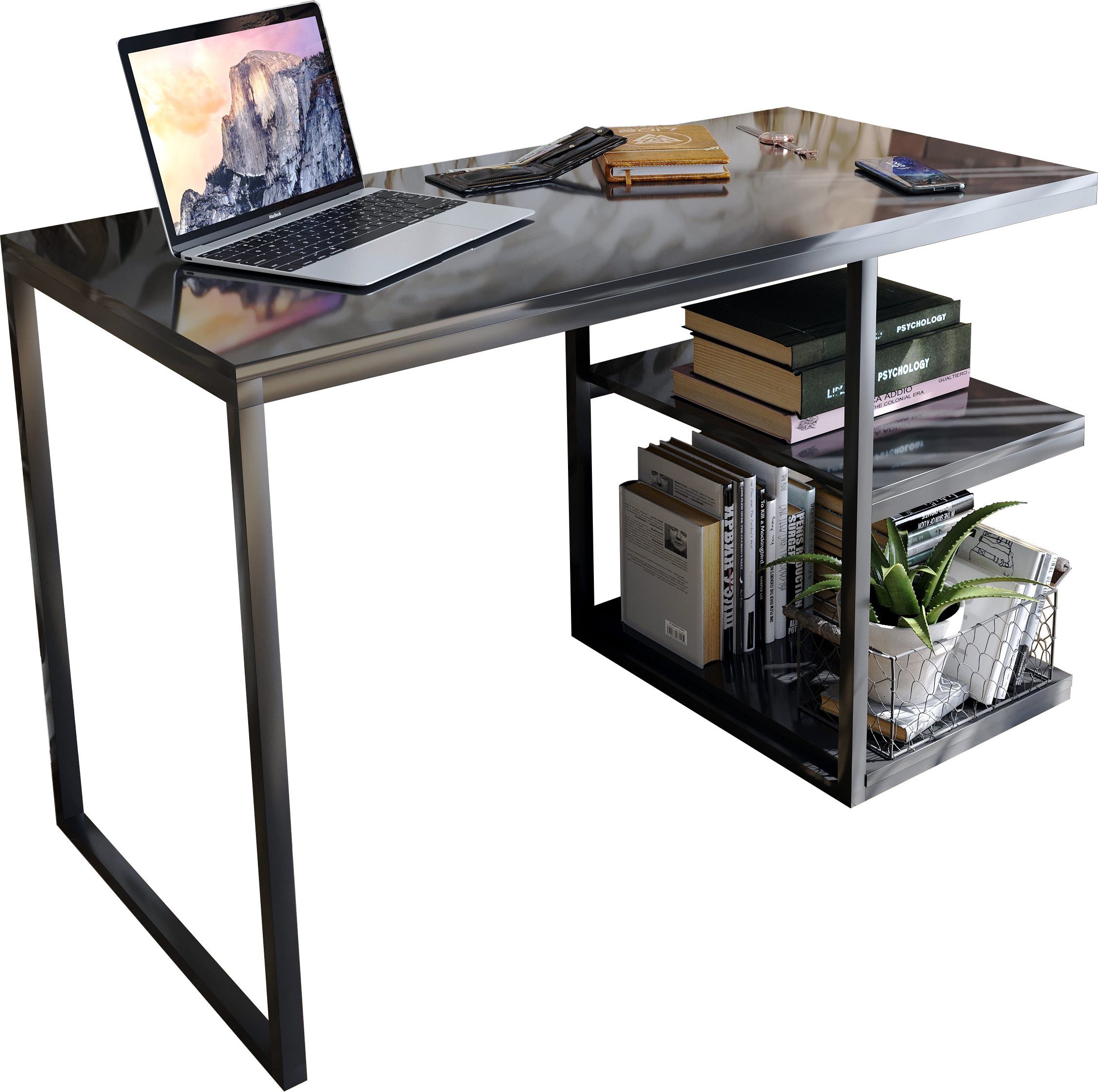 Domando Schreibtisch Schreibtisch Capoliveri, Breite 120cm, Metallgestell pulverbeschichtet Schwarz und Schwarz Hochglanz