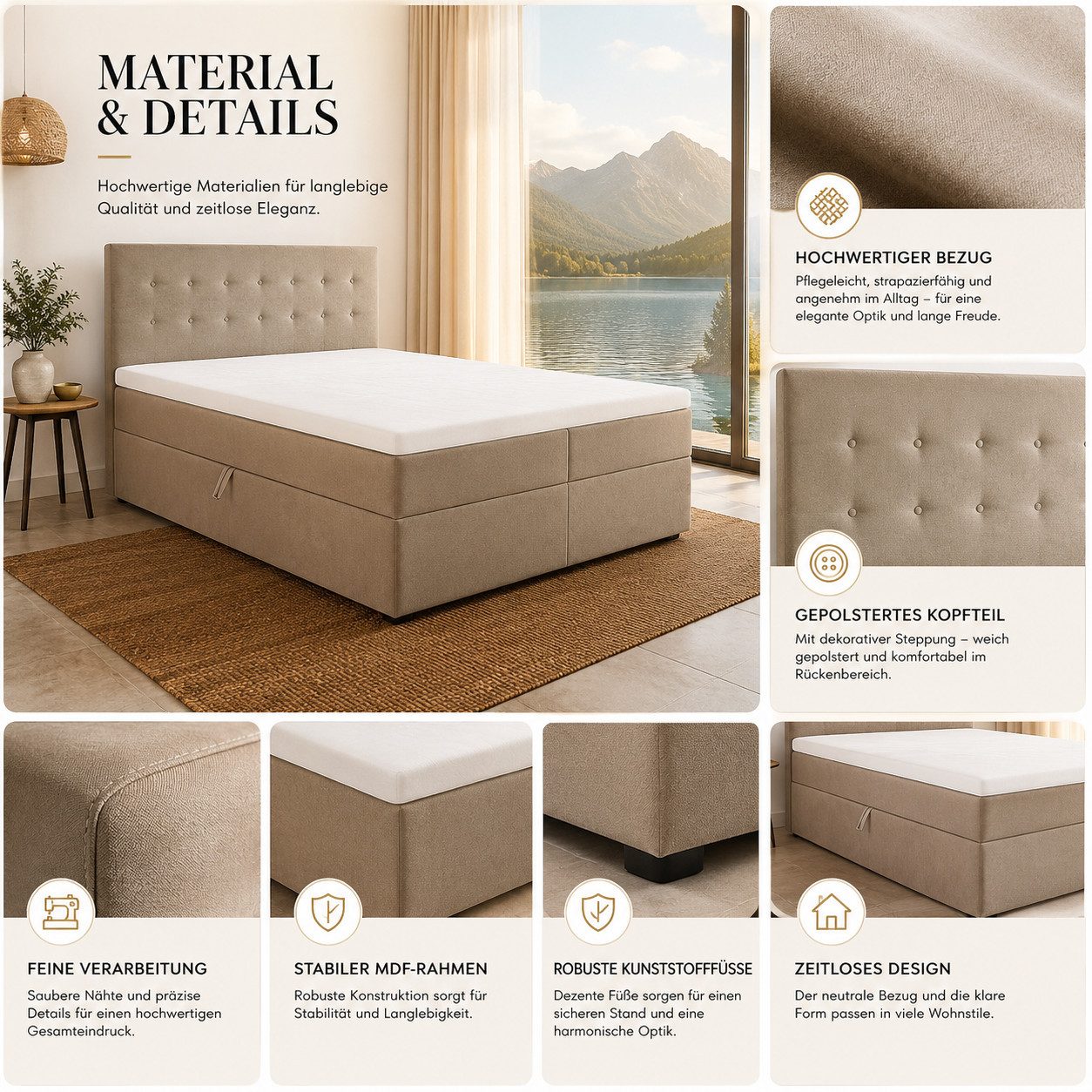 Best for Home Boxspringbett Polsterbett mit 7-Zonen-Taschenfederkernmatratze und Schubladen (Komplettset (Boxspringbett inkl. 2 Matratzen, Topper & Stauraum-Sch – Bild 5 von 5