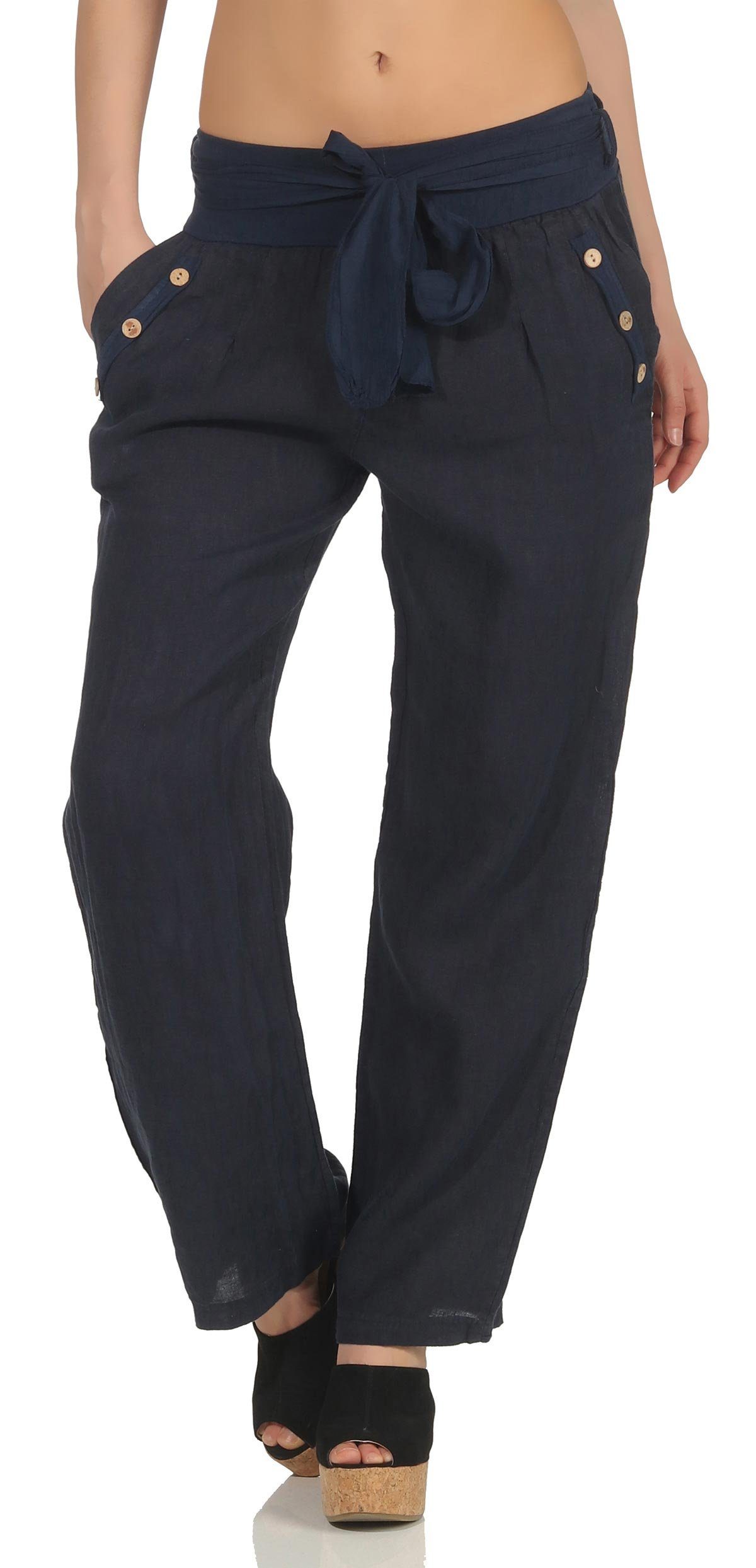 malito more than fashion Leinenhose malito Damen Hose aus Leinen, Stoffhose in Unifarben, feine Freizeit feine Leinen Hose mit Stoffbindegürtel