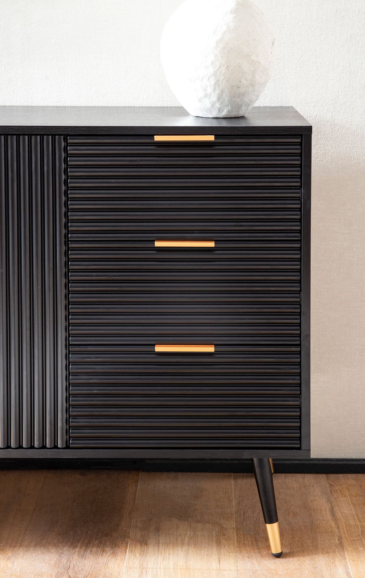 FineBuy Sideboard 120x80x40 cm Anrichte Schwarz mit Eiche-Dekor, Kommode mit Türen und Schubladen, Kommodenschrank Flurschrank Modern, Standschrank Wohnzimmer M – Bild 4 von 5