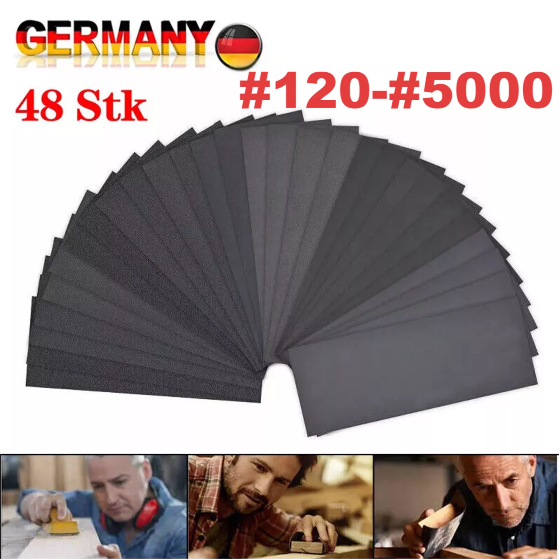 Fyrove Schleifpapier 48-teiliges Schleifpapier-Set, nass & trocken, Körnungen 120-5000, (22,9x9,3 cm, für Auto & Holz)