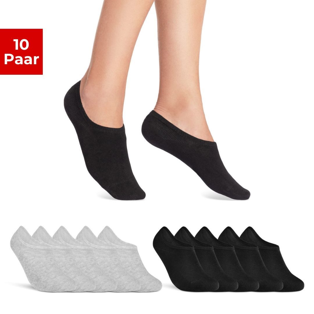 sockenkauf24 Sneakersocken 10 Paar Damen & Herren Füßlinge unsichtbare kurze Socken (Schwarz/Grau, 35-38) mit Silikonpad gegen Verrutschen - 16805 WP