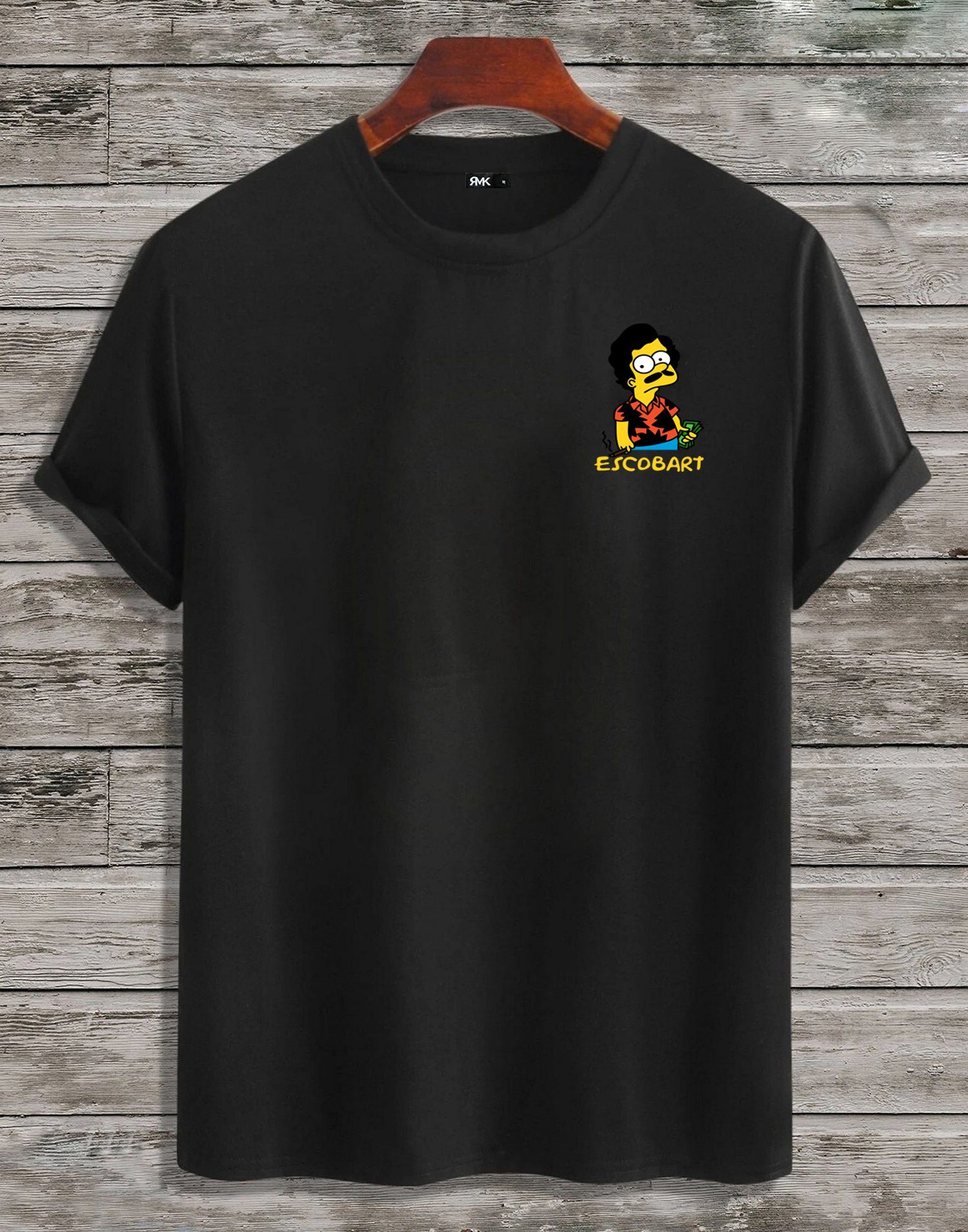 RMK T-Shirt Basic Shirt Freizeit Rundhals Mafia Gangster Escobar Bart in Unifarbe, aus Baumwolle, mit lizenzierstem Print Schwarz (mit kleinem Logo) | T-Shirts