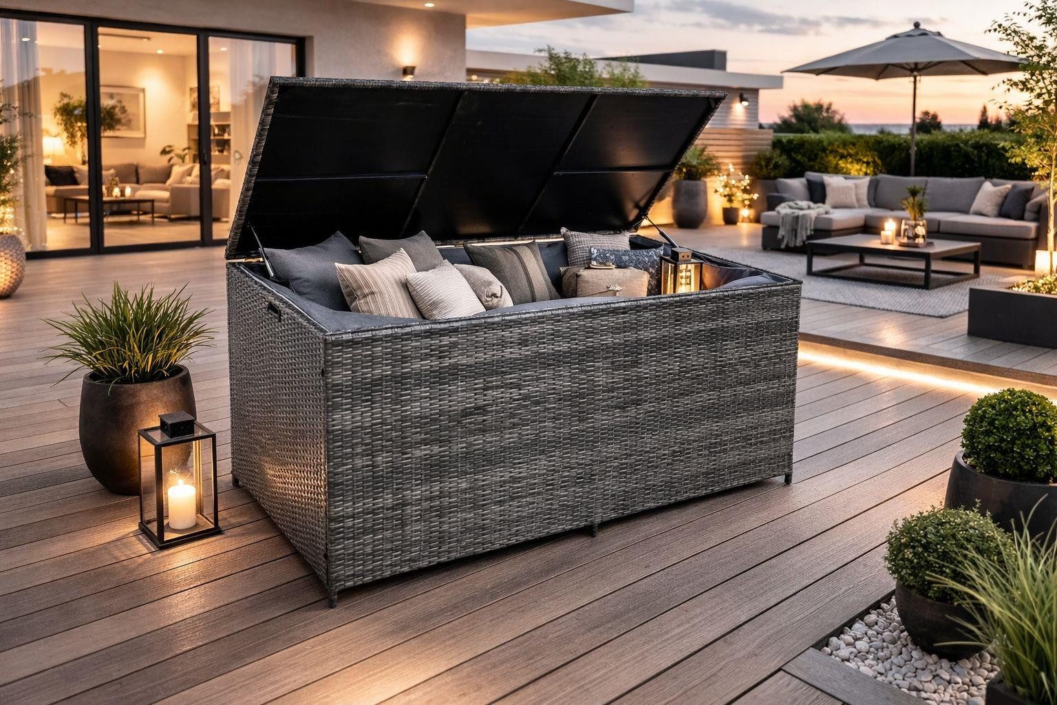 ESTEXO Auflagenbox Poly Rattan 870 Liter XXL Kissenbox Aufbewahrungsbox Anthrazit-Grau