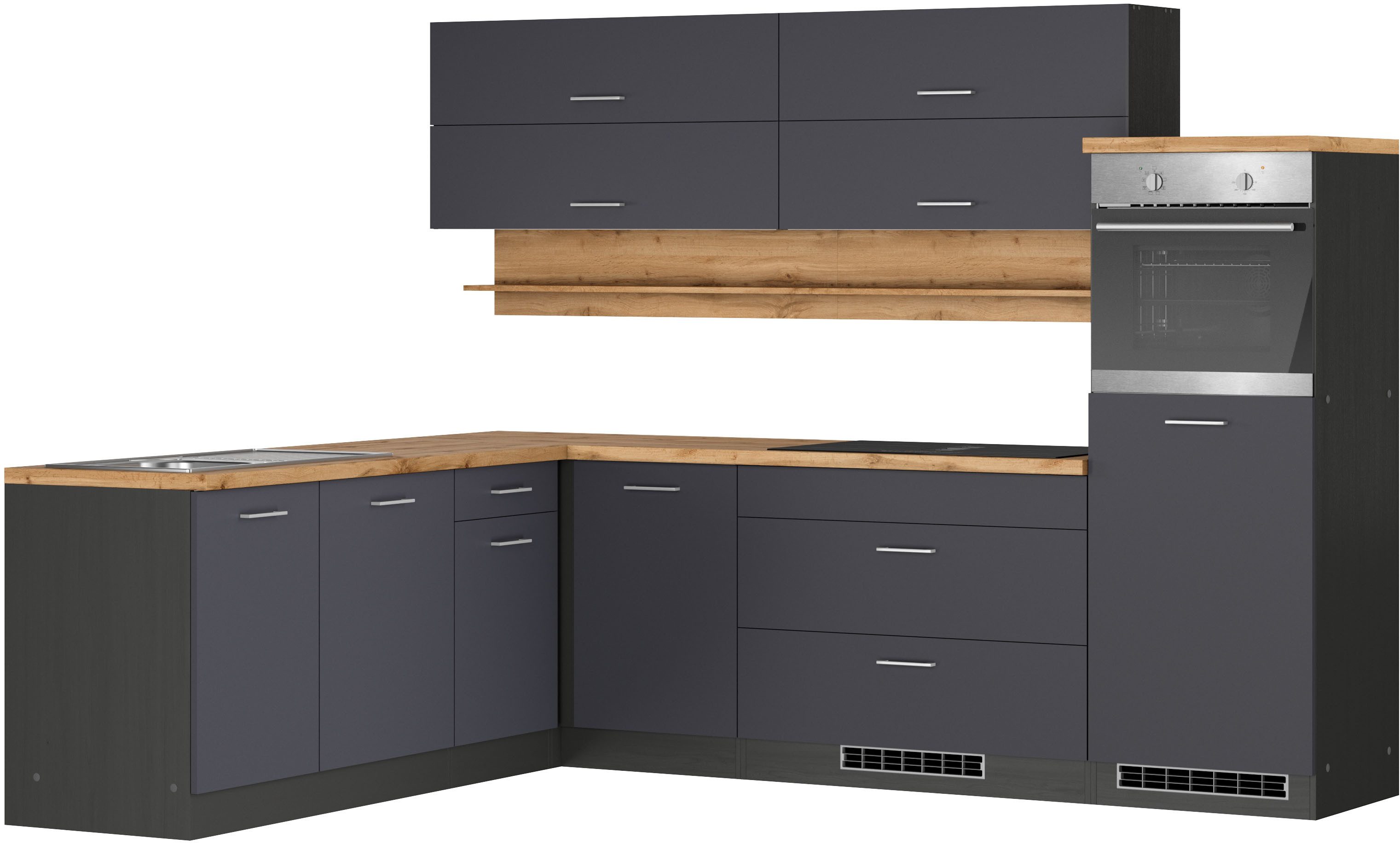 KOCHSTATION Winkelküche KS-Milan, optional mit Muldenlüfter, Stellbr.270/220 cm, wahlweise mit E-Geräten, Kochfeld mit Dunstabzug