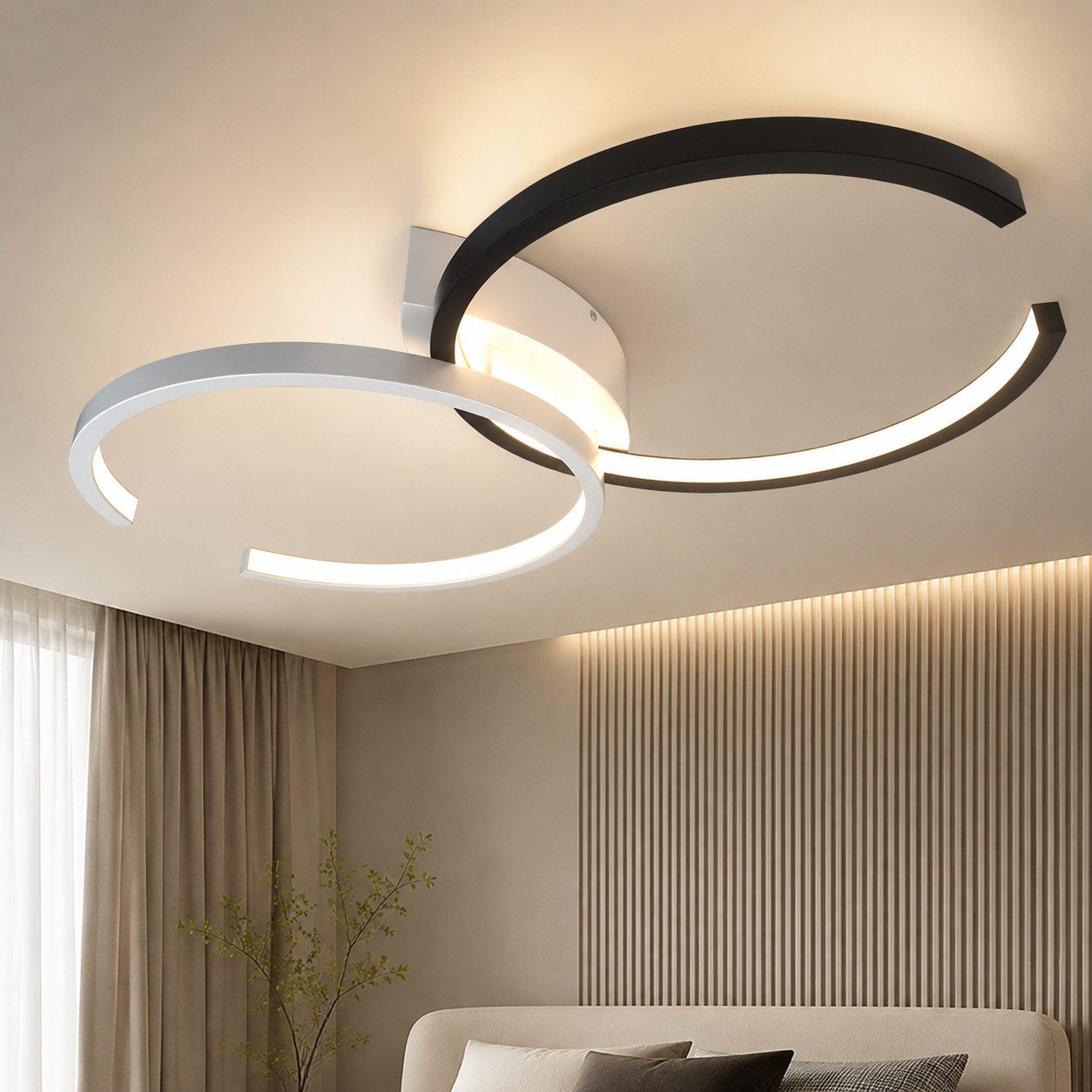 ZMH Deckenleuchte 55cm Wohn- Ess- Schlaf- lampe weiß&schwarz Eisen, warmweiß, LED fest integriert, Warmweiß, LED fest integriert