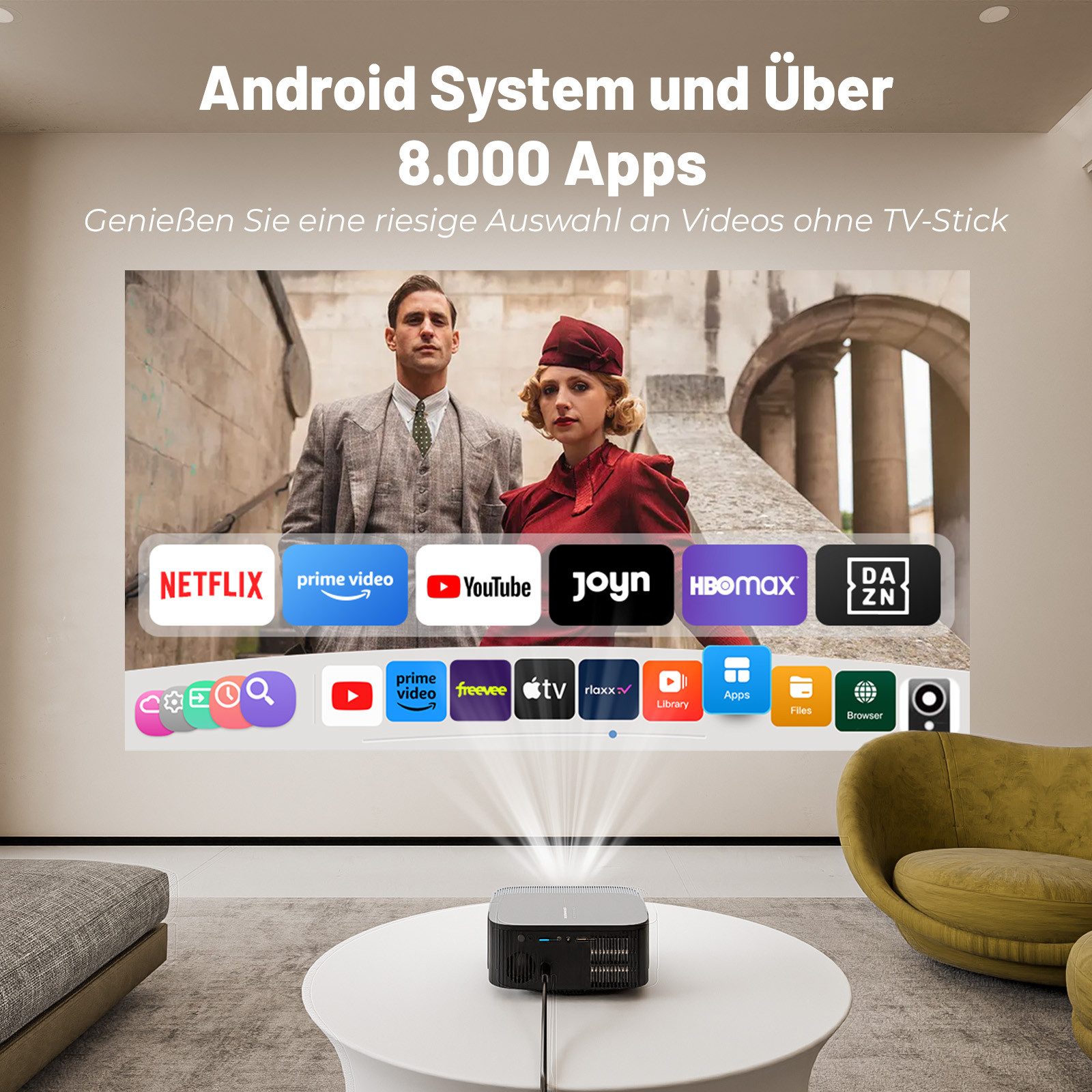 ZOOMCAT ZOOMCAT E1 Beamer 4K Mit Netflix Zertifizierung Beamer (25000 lm, 25000 : 1, 3840x2160, 1920x1080 px, Elektrische Fokussierung, 4D 4P elektronische Trapezkorrektur)