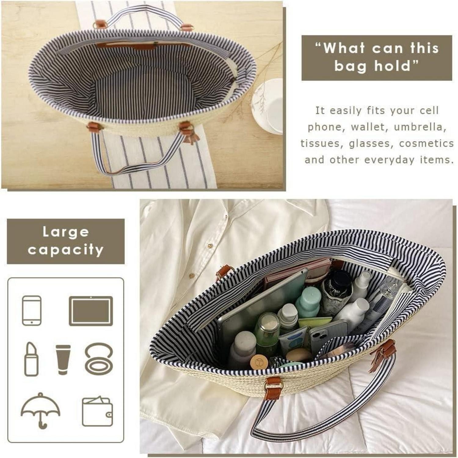 LuxusKollektion Strandtasche Stroh Handtasche Damen Sommer Tasche Umhängetasche Boho Stil Strand