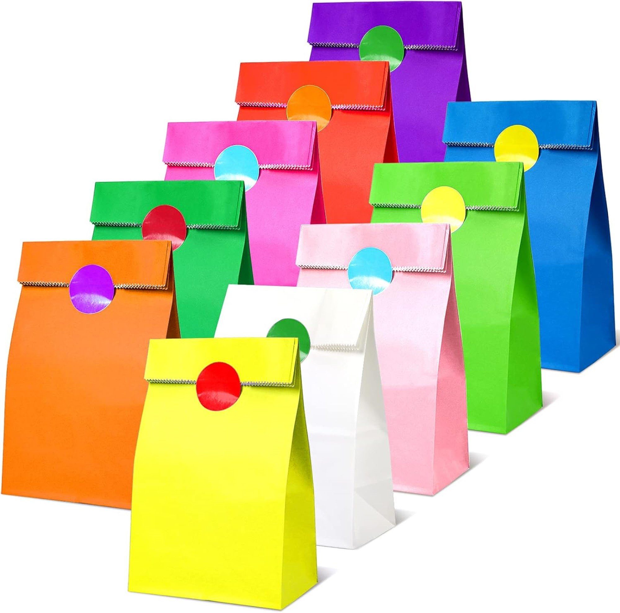 CHEPULA Geschenkpapier Bunte Geschenktüten-Set mit Aufklebern aus Papier, (50 Papiertüten + 60 AufkleberSt), Hochwertiges Papier für lebendige Farben und klare Details.