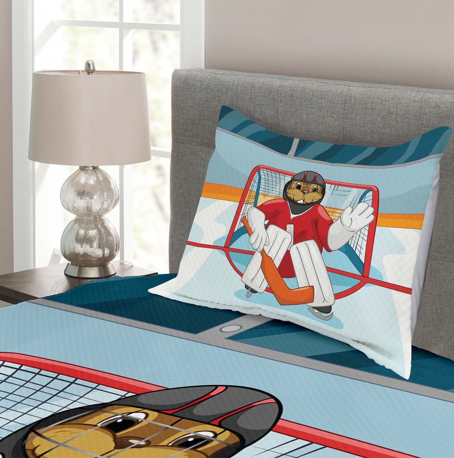 Goalie Beaver Tagesdecke Set Waschbar, Eishockey Abakuhaus, Kissenbezügen mit Cartoon