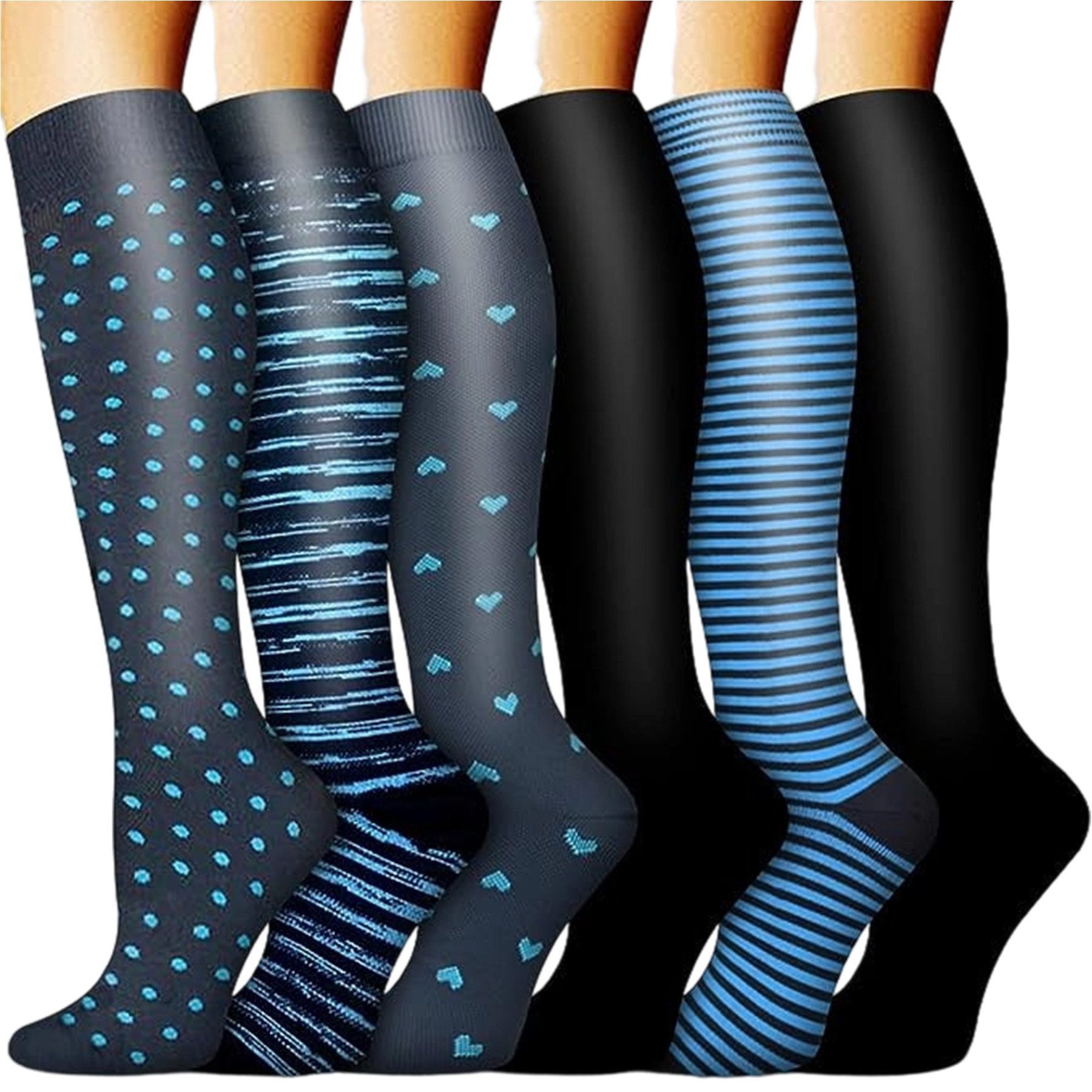 Mutig Kompressionsstrümpfe 6 Paar Reisesocken, Sportsocken für Damen und Herren (Lange kompressionssocken mit 15-30 mmHg, Sport Kniestrümpfe für Sport, Laufen, Radfahren, Reisen, Flug) Krankenschwestern, Schwangerschaft