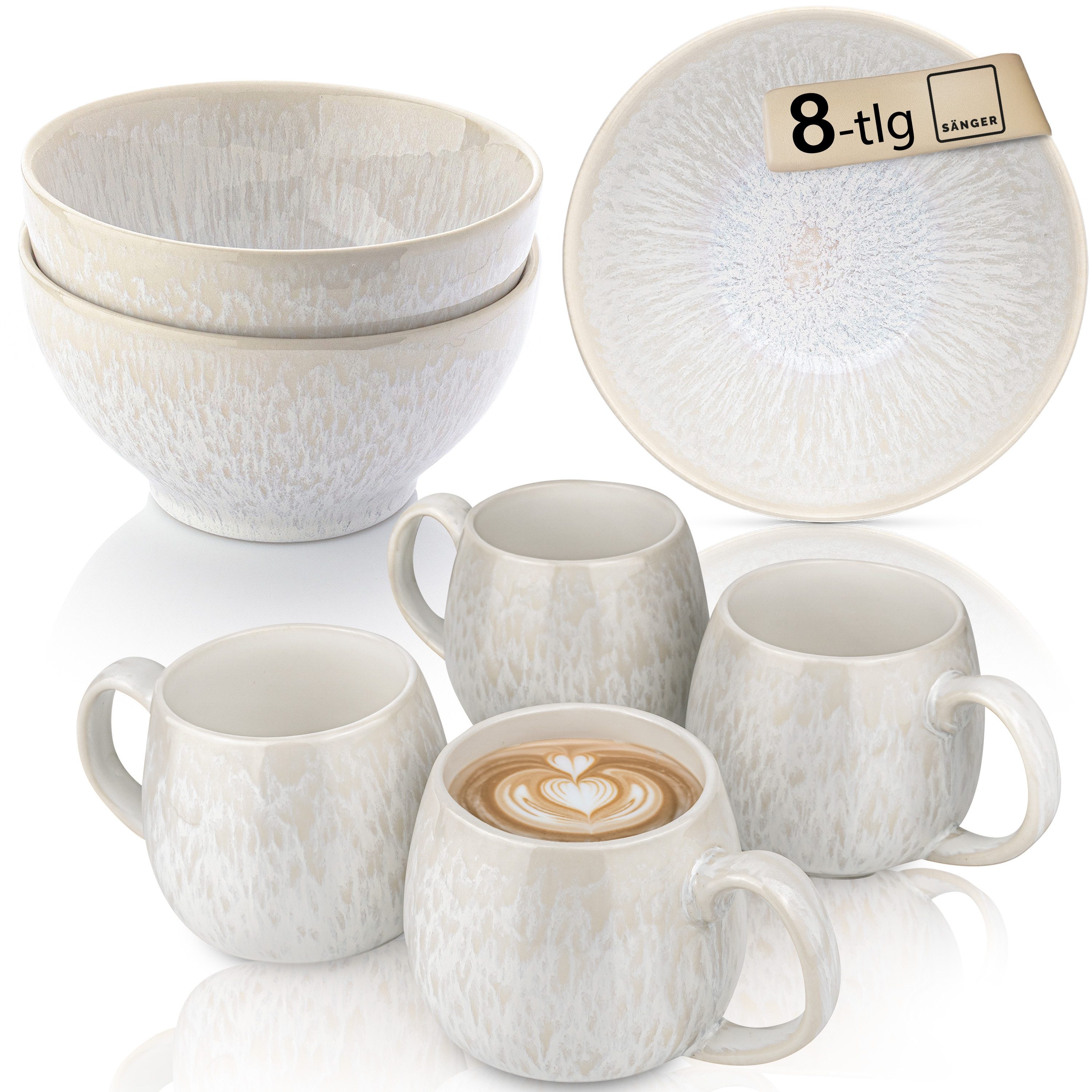 SÄNGER Tafelservice Korfu Geschirrset (8-tlg), 4 Personen, Steingut, Frühstücks Set, Creme, Handmade, Premium Collection