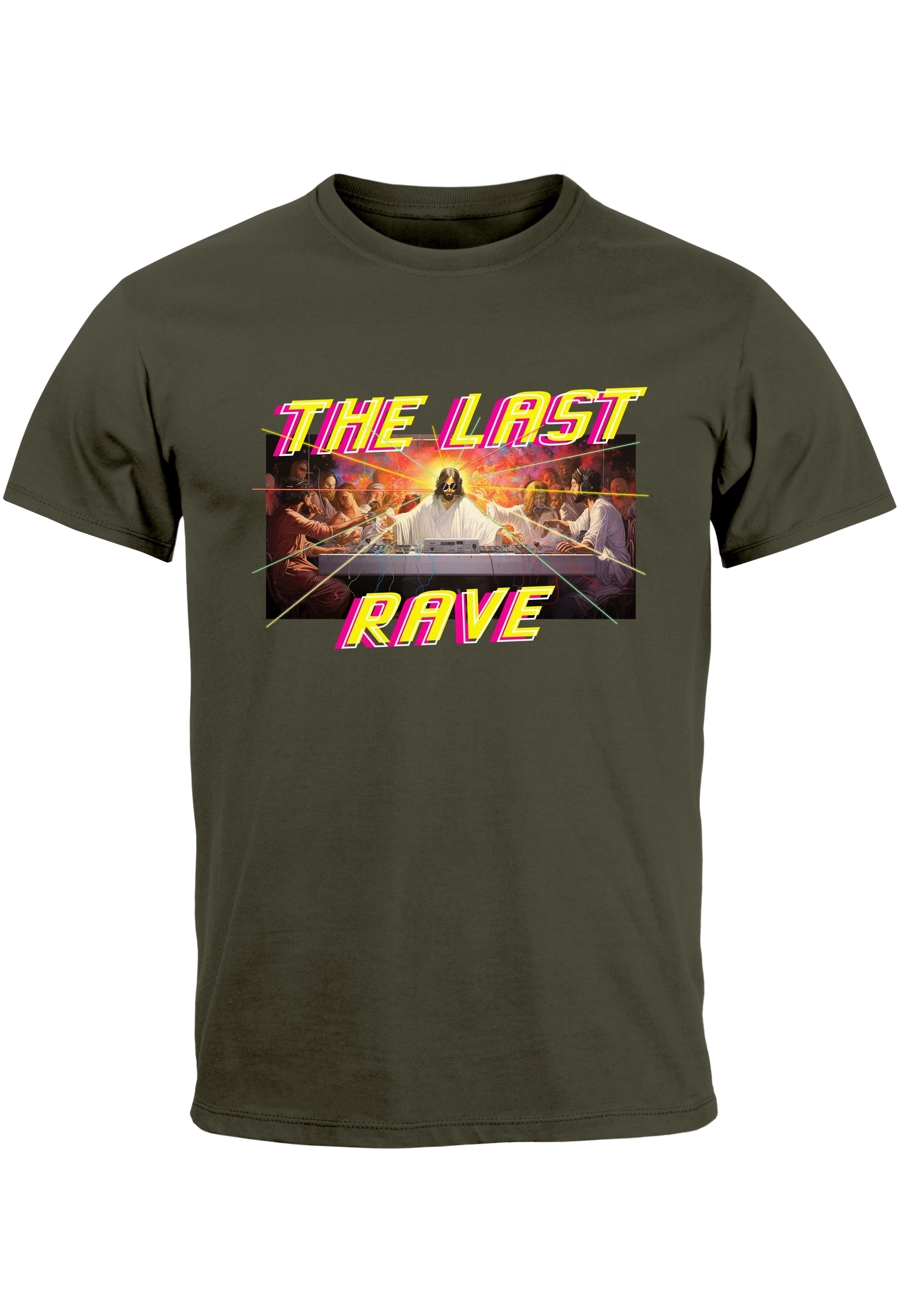 Neverless Print-Shirt Herren T-Shirt Techno The Last Rave Parodie Das letzte Abendmahl Jesus mit Print army