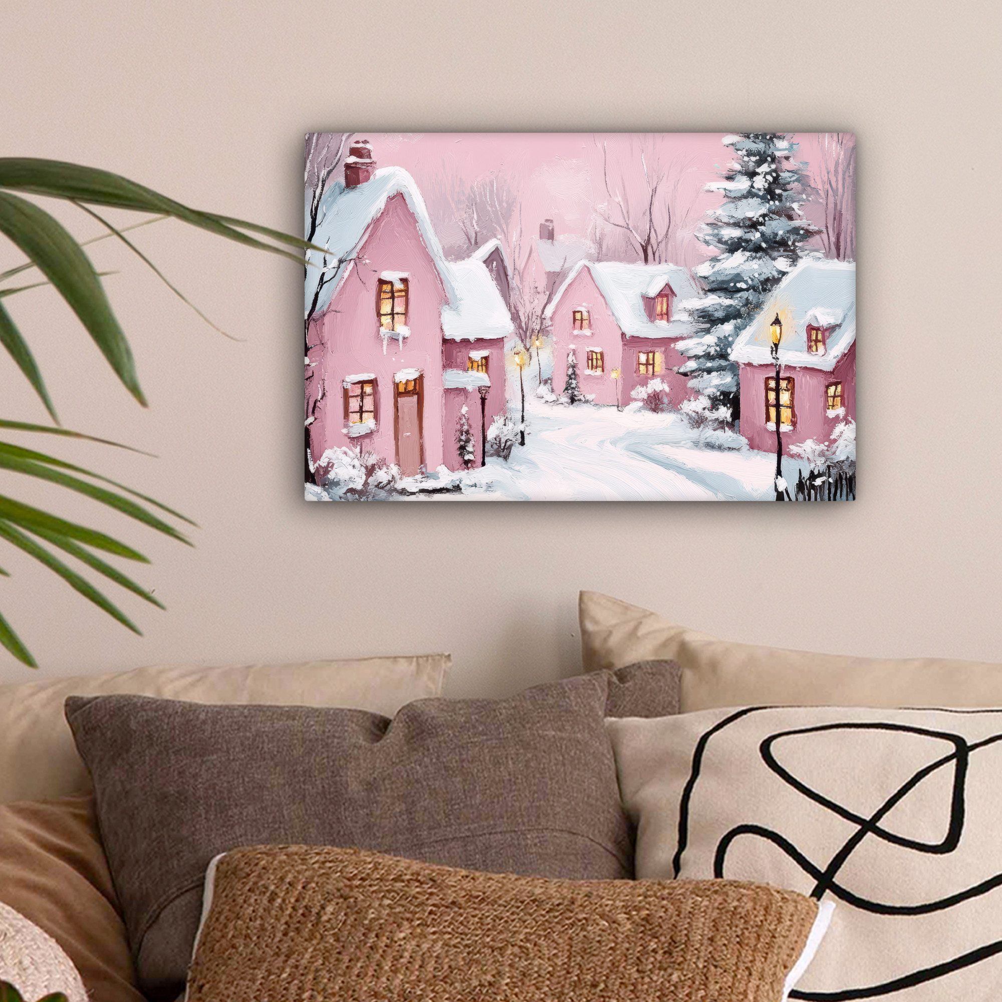 OneMillionCanvasses® Leinwandbild Weihnachtsdorf - Rosa - Winter - Schnee - günstig online kaufen