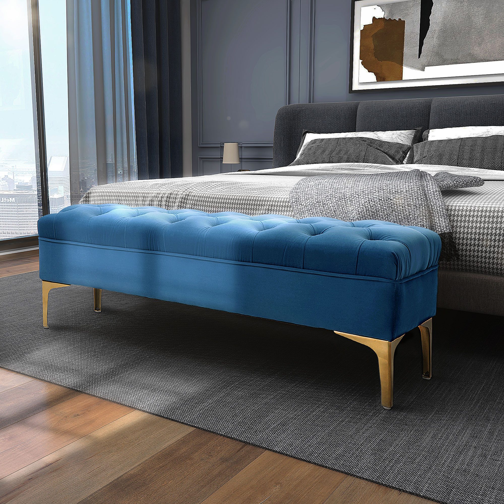 HOMCOM Polsterbank Bettbank mit Metallrahmen, Schuhbank für Schlafzimmer, Wohnzimmer (Sitzottomane, 1-St., Sitzbank), Samt Blau 118 x 45 x 42 cm
