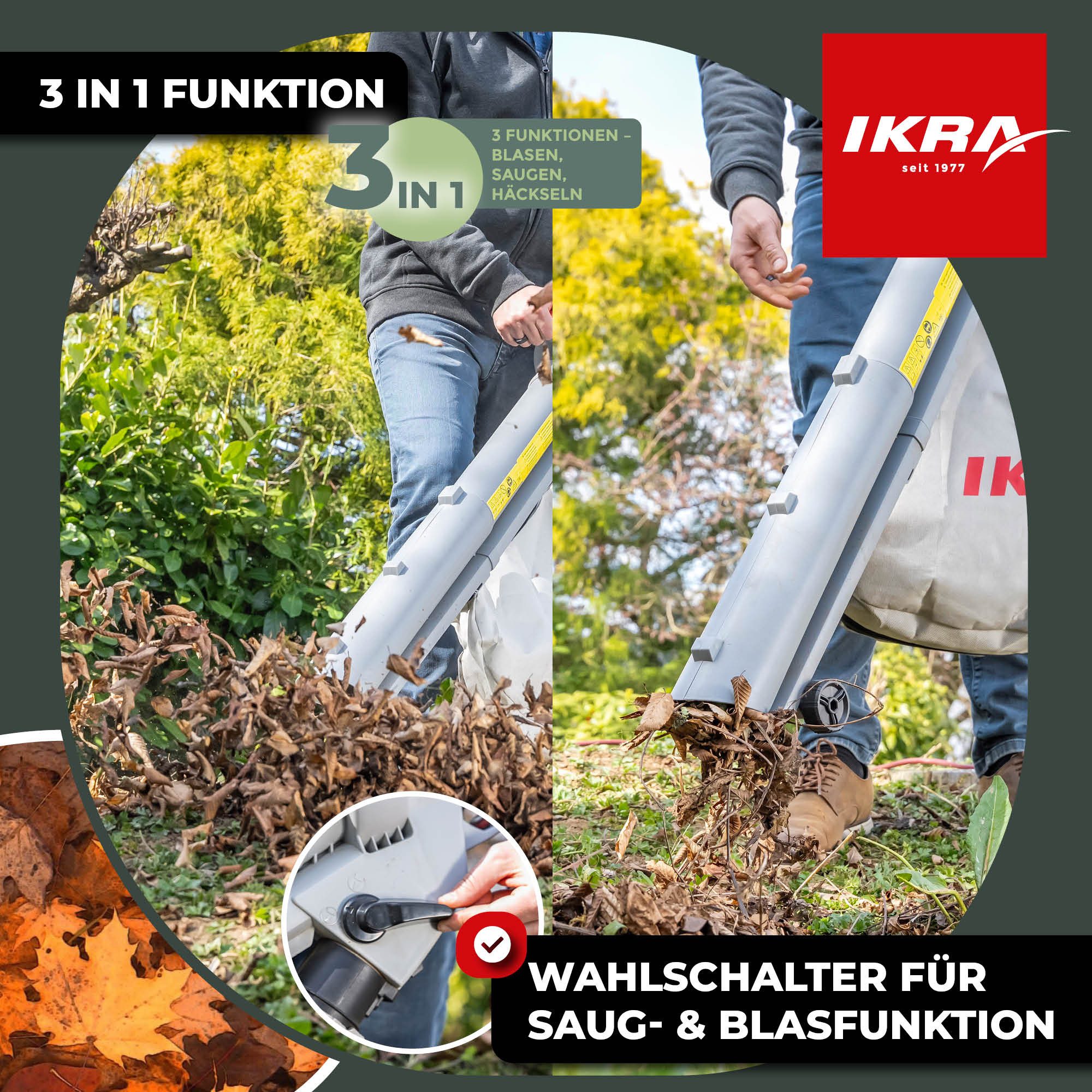 ikra GmbH Elektro-Laubbläser IBV 3000, 3in1 Gerät, bis 240km/h Blaskraft, inkl. 45 L Fangsack