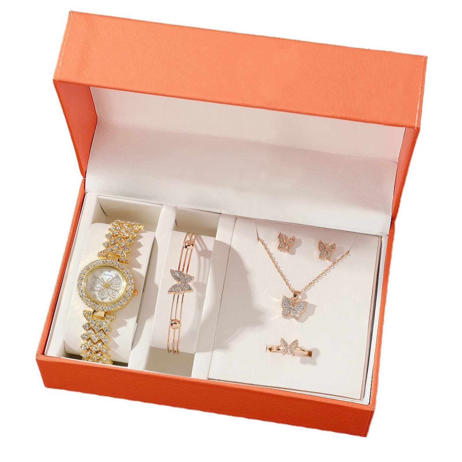Quarzuhr Damenuhr Set Damen Halskette aus Metall Ohrringe
