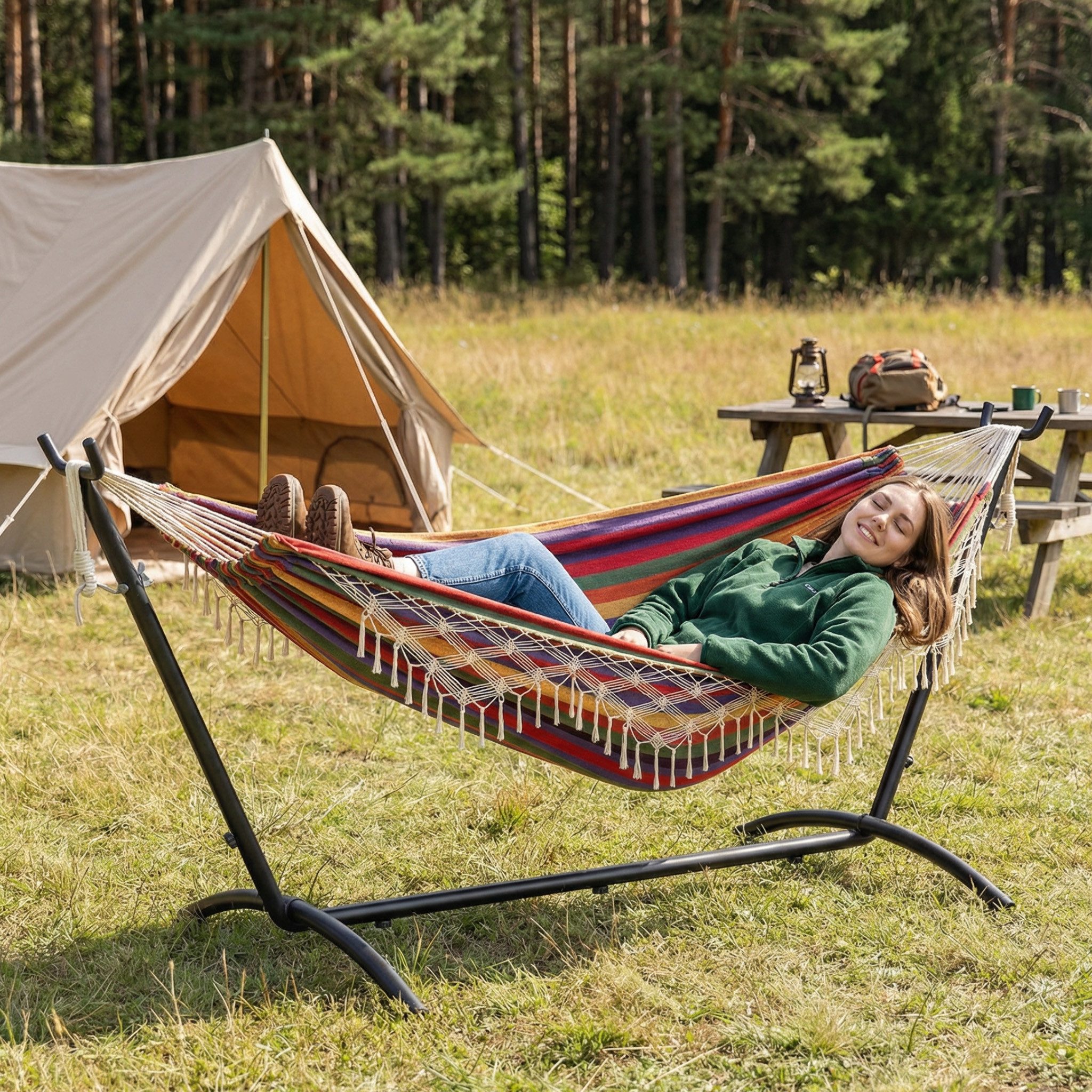 Mondeer Hängematte Gartenhängematte, mit Verstellbarem Gestell für 2 Personen,Sechsleiner Fransen