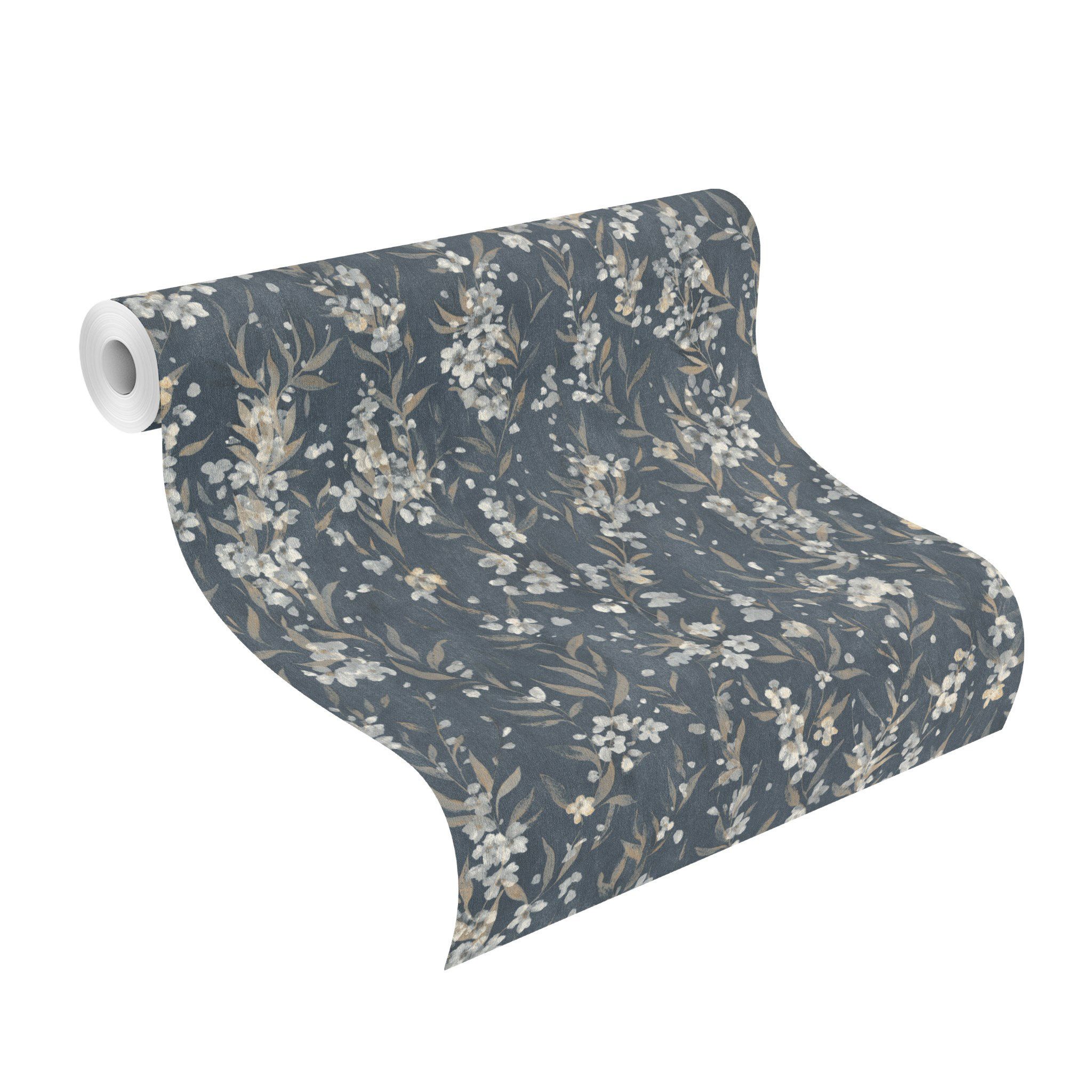 Rasch Vliestapete mit Kirschblüten in Blau - Vliestapete floral - Noble Zen, strukturiert, floral, natürlich, botanisch, geblümt, (1 Rolle, 1 St), Kirschblume