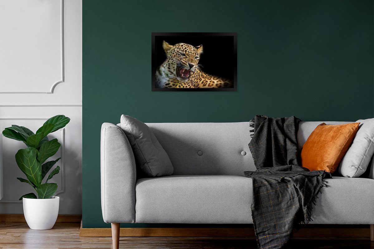 Bilderrahmen St), Leopard Bilder, Poster - Poster, - Wanddeko, (1 Gerahmtes Wandposter, Schwarz, Tiere MuchoWow Schwarzem