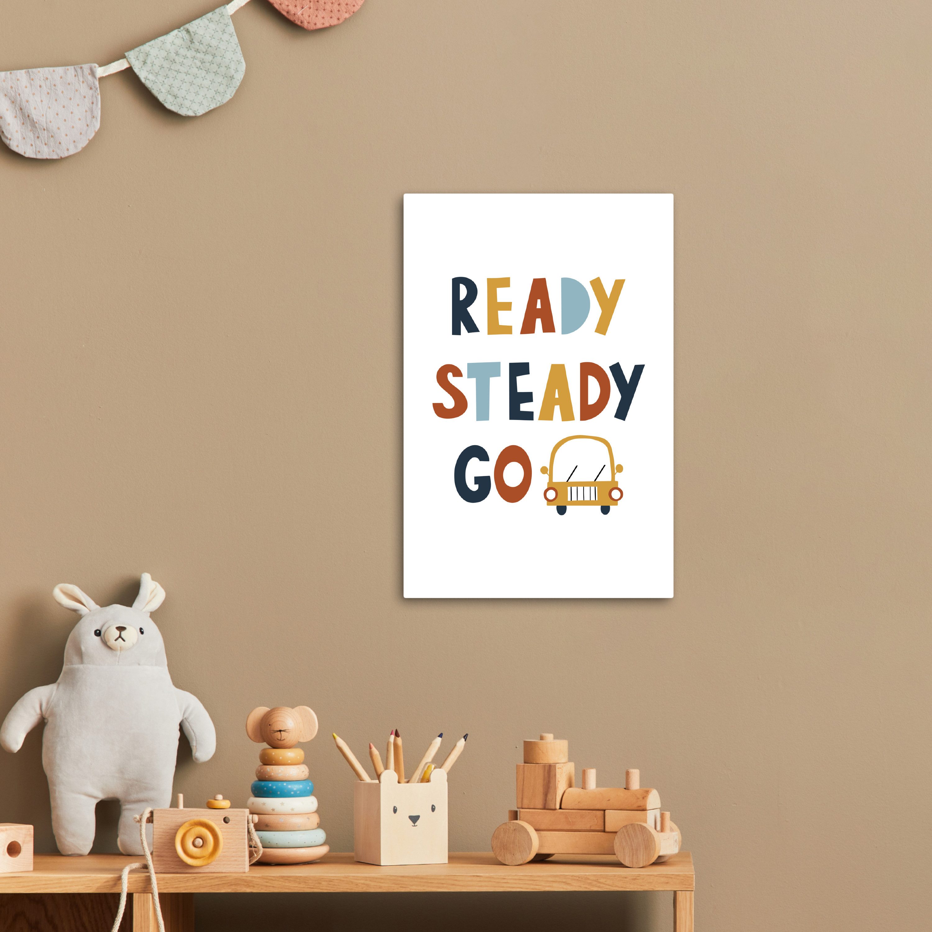 OneMillionCanvasses® Leinwandbild Kinder - Auto - Weiß - Zitat - Ready Steady GO, Fotodruck (1 St), Kinderzimmer Deko, Mädchen und Jungen Bilder 20x30 cm