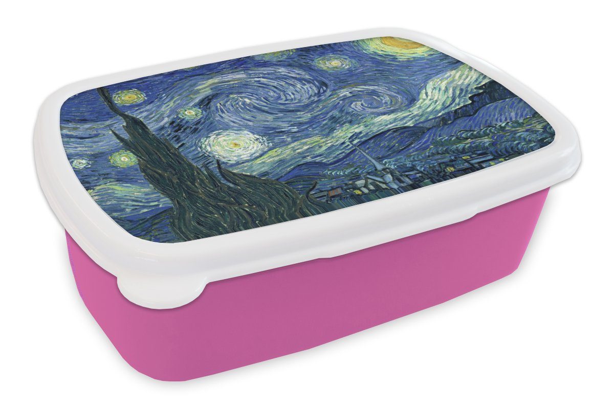MuchoWow Lunchbox Sternennacht - Gemälde - Alte Meister - Vincent van Gogh, Kunststoff, (2-tlg), Brotbox für Erwachsene, Brotdose Kinder, Snackbox, Mädchen, Kunststoff rosa