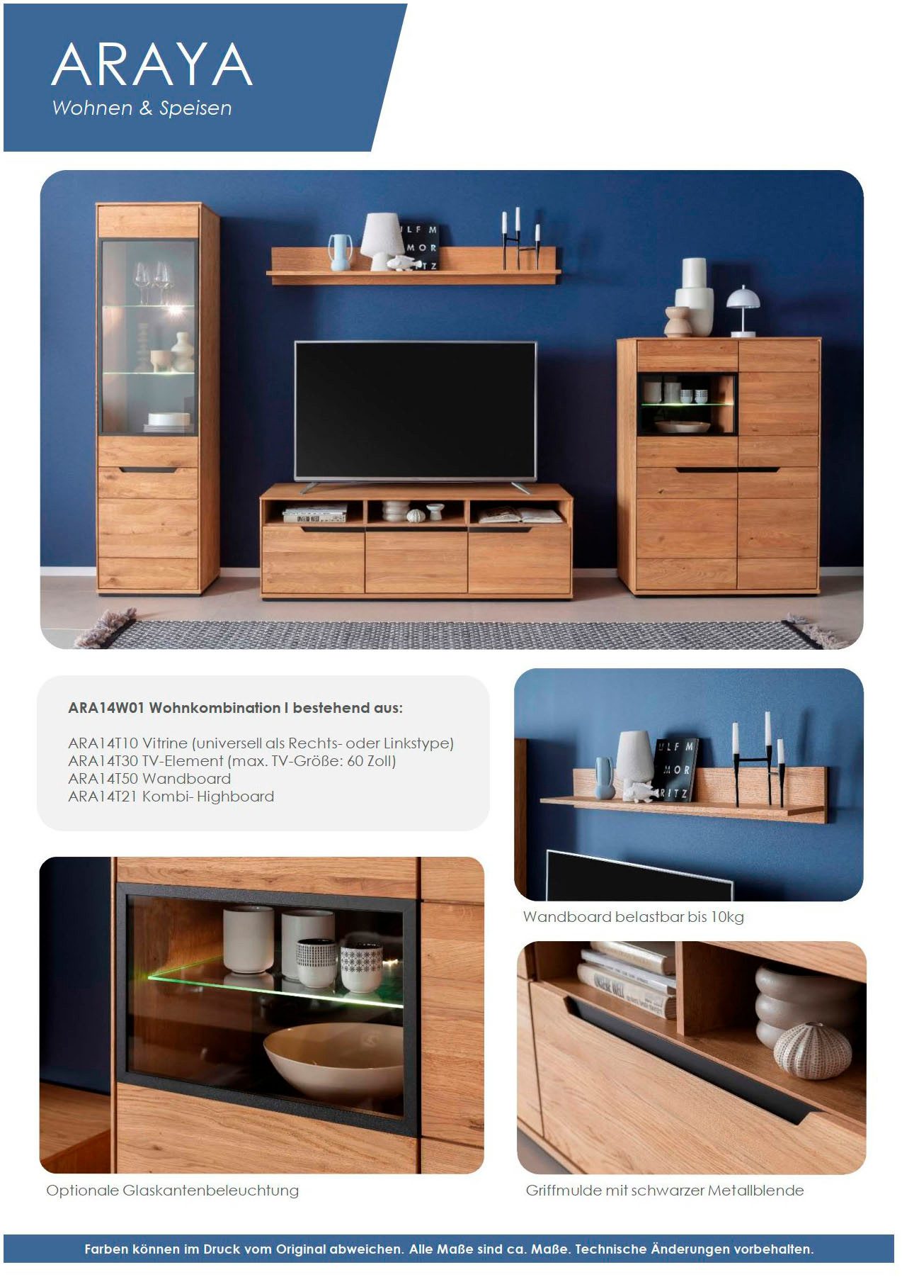 MCA living Wohnwand Araya Wohnkombination I, (Komplett-Set, 4-St., optional: Glaskantenbeleuchtung), Schubkästen/ Türen gedämpft