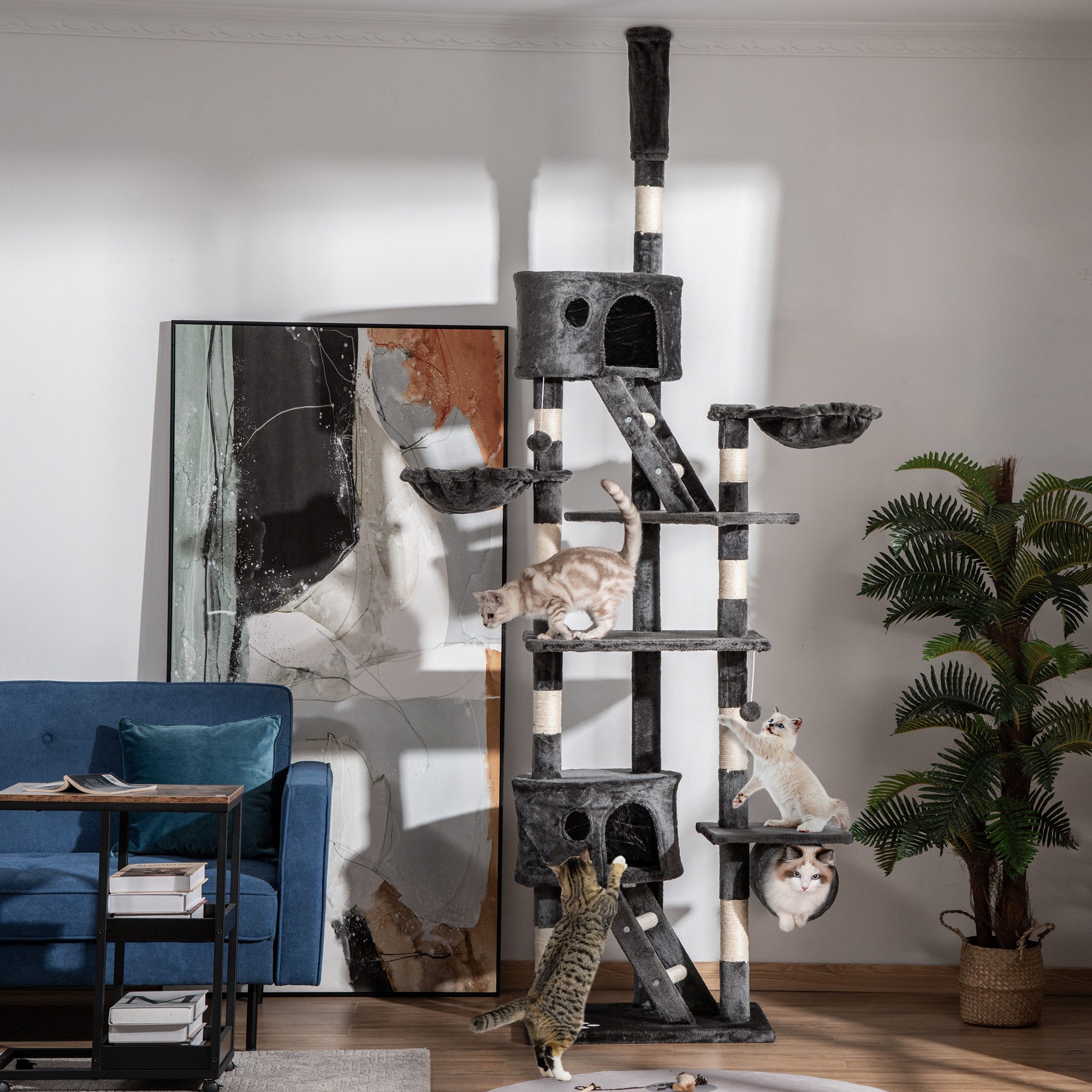 PawHut Kratzbaum Katzenkratzbaum 240-260 cm Deckenhoch Kratzbaum groß Kletterbaum, für große Katzen mit Sisalseil Dunkelgrau